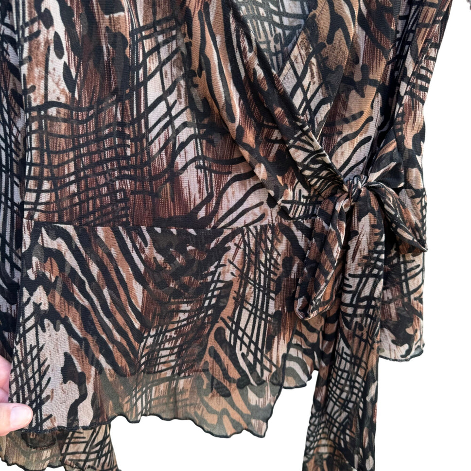 Artex Collection Women's Deep V Neck Semi Sheer Brown Animal Print Wrap Blouse M