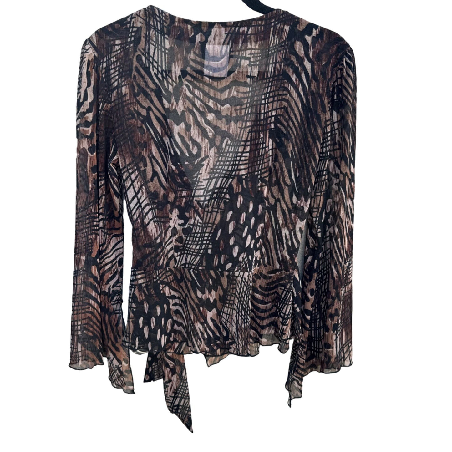 Artex Collection Women's Deep V Neck Semi Sheer Brown Animal Print Wrap Blouse M