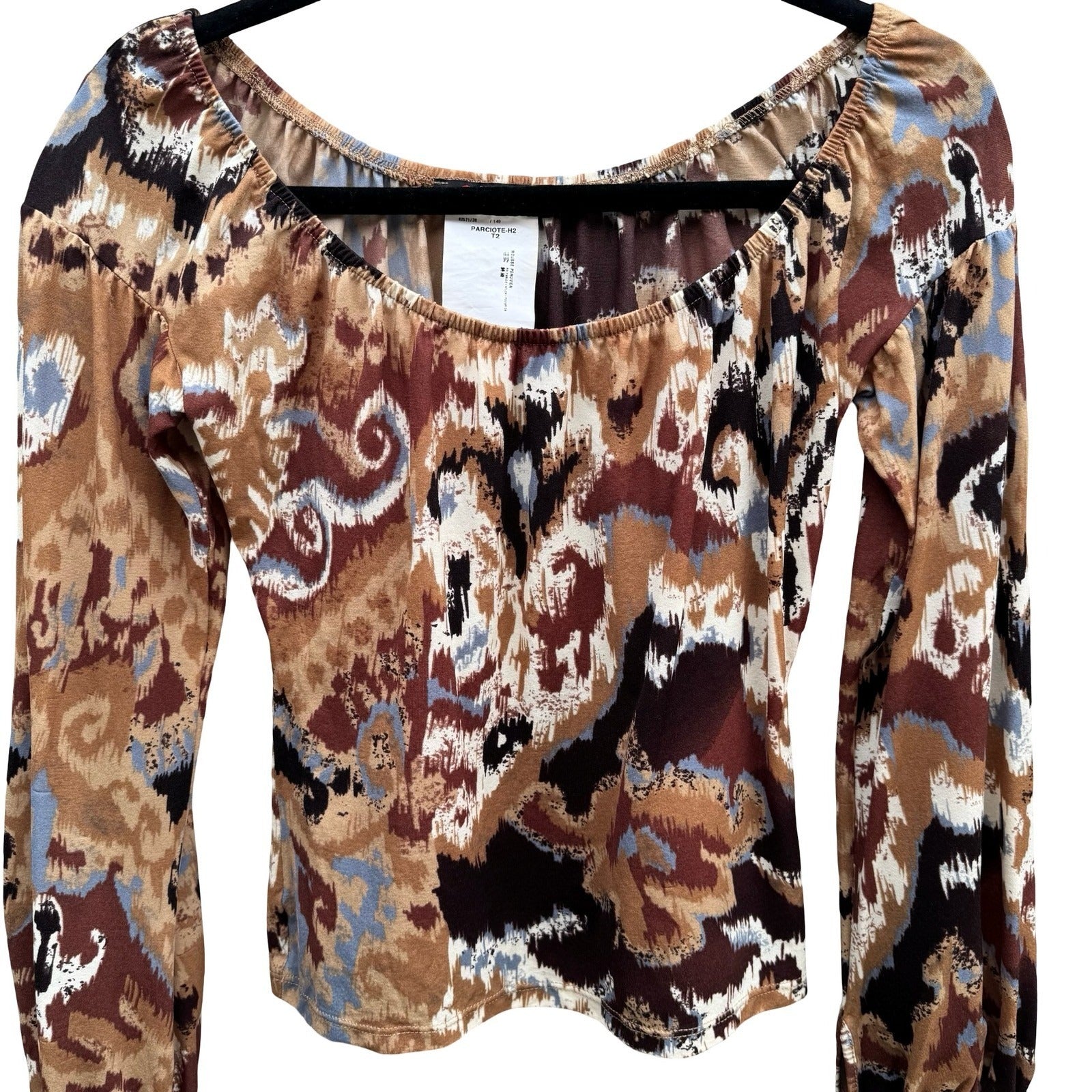 Morgan De Toi Y2K Abstract Ikat Fairy Boho Witchy Tie Cuff Peasant Top Brown S