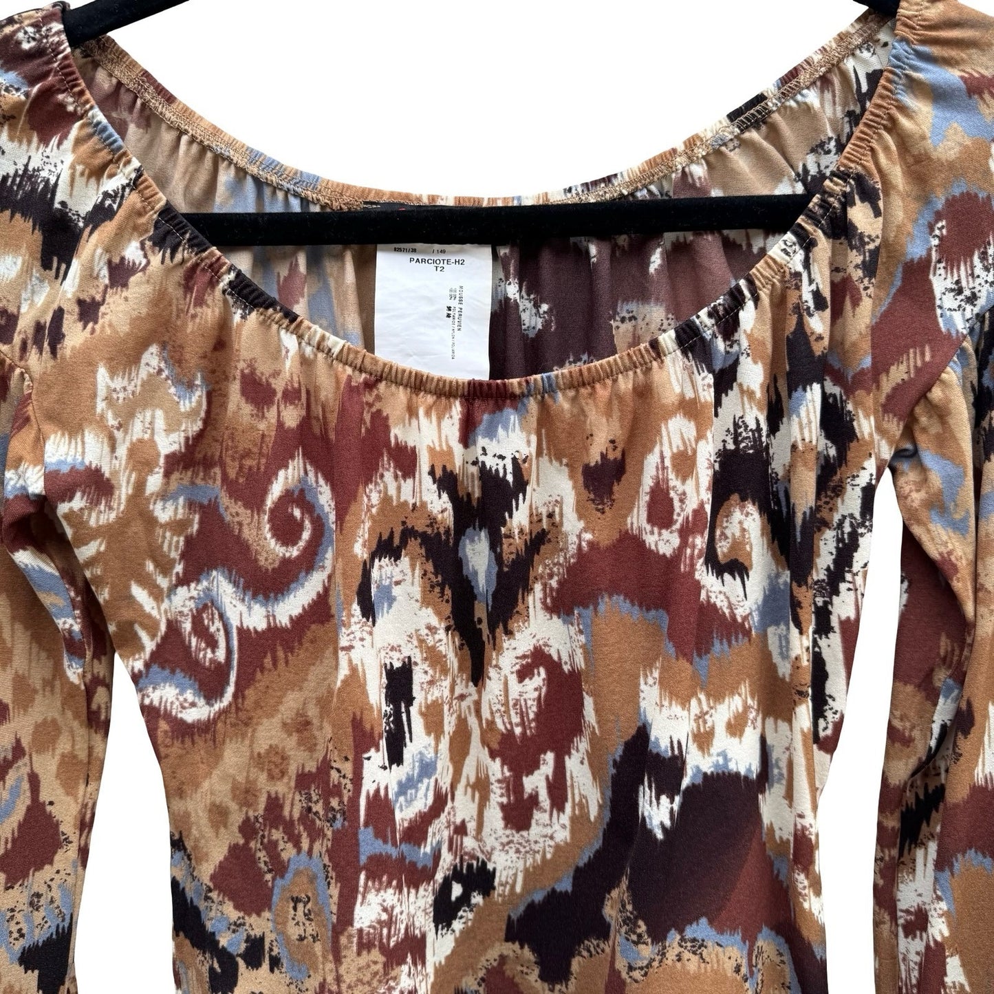 Morgan De Toi Y2K Abstract Ikat Fairy Boho Witchy Tie Cuff Peasant Top Brown S