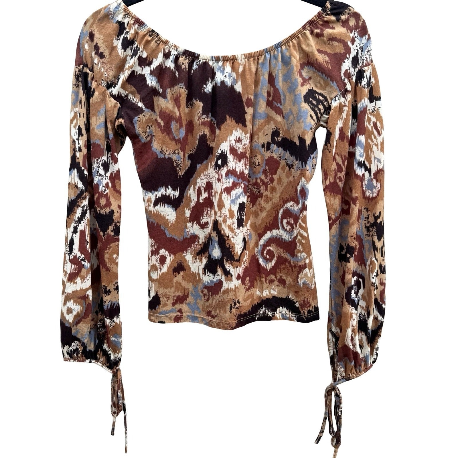 Morgan De Toi Y2K Abstract Ikat Fairy Boho Witchy Tie Cuff Peasant Top Brown S