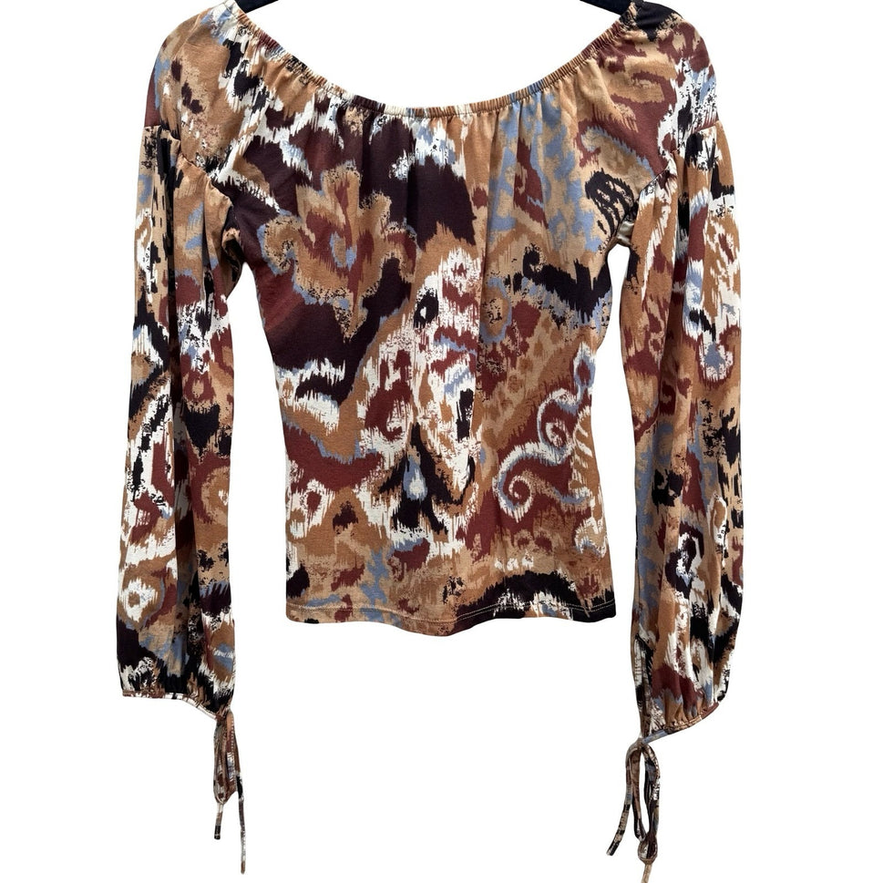 Morgan De Toi Y2K Abstract Ikat Fairy Boho Witchy Tie Cuff Peasant Top Brown S