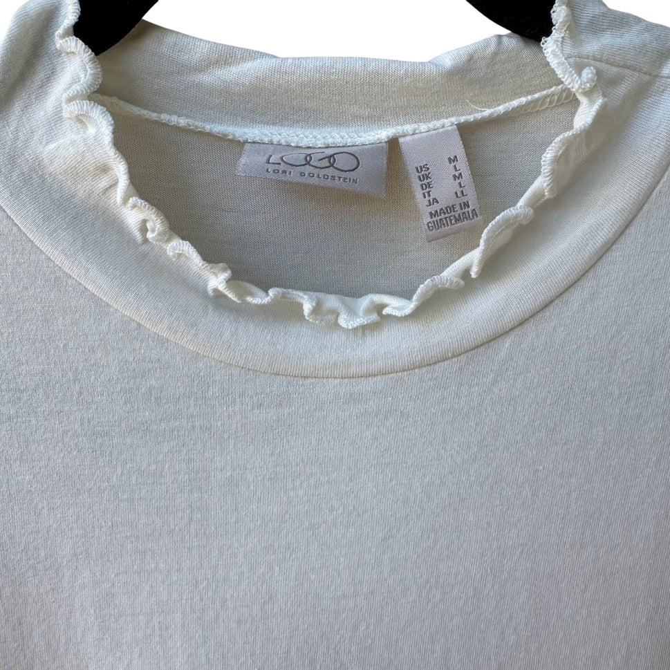 LOGO Lori Goldstein Coquette Balletcore Ruffle Mock Neck Top Marshmallow M NEW