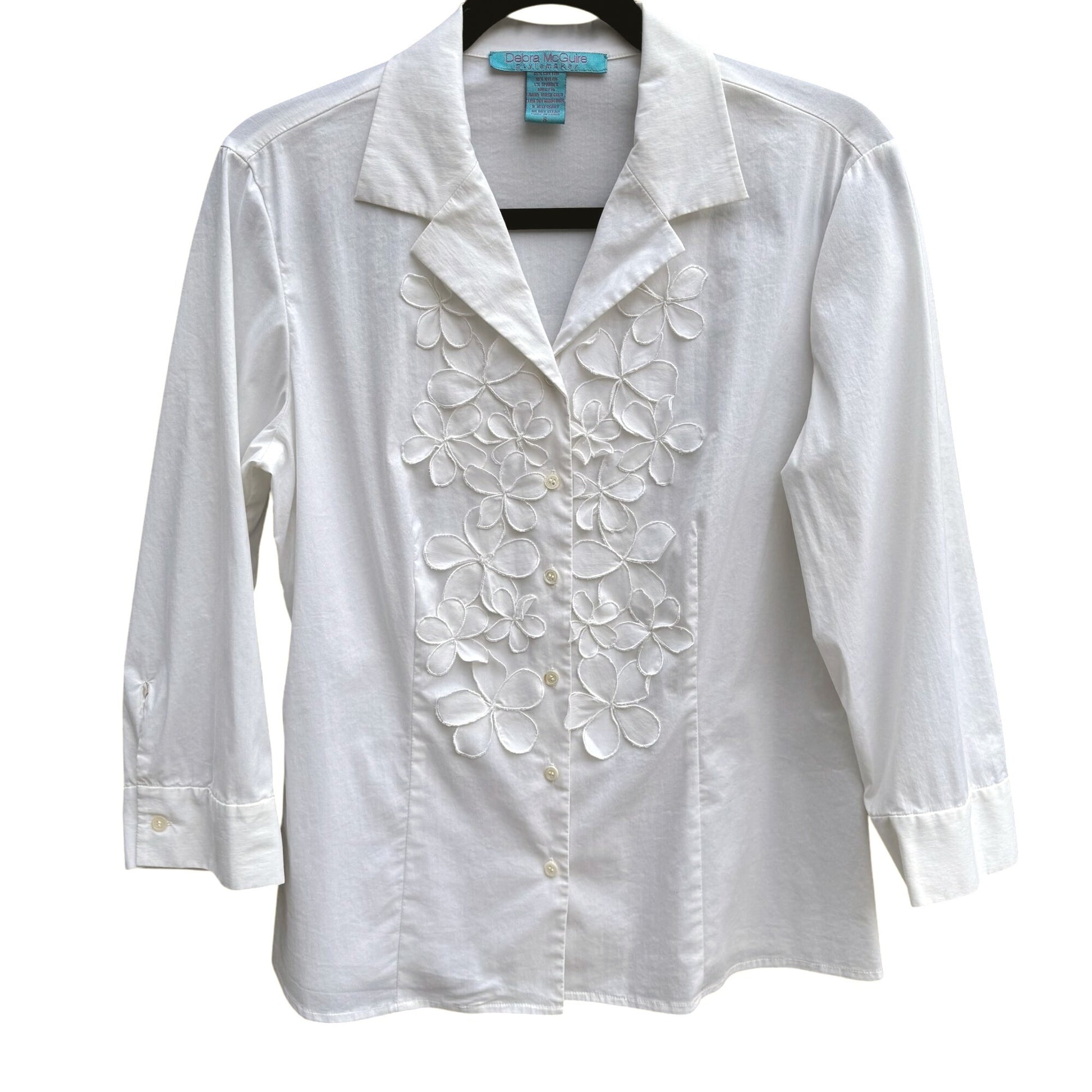 Debra McGuire Womens White Button-Up Floral Cut Out 3/4 Sleeves Shirt Blouse 8