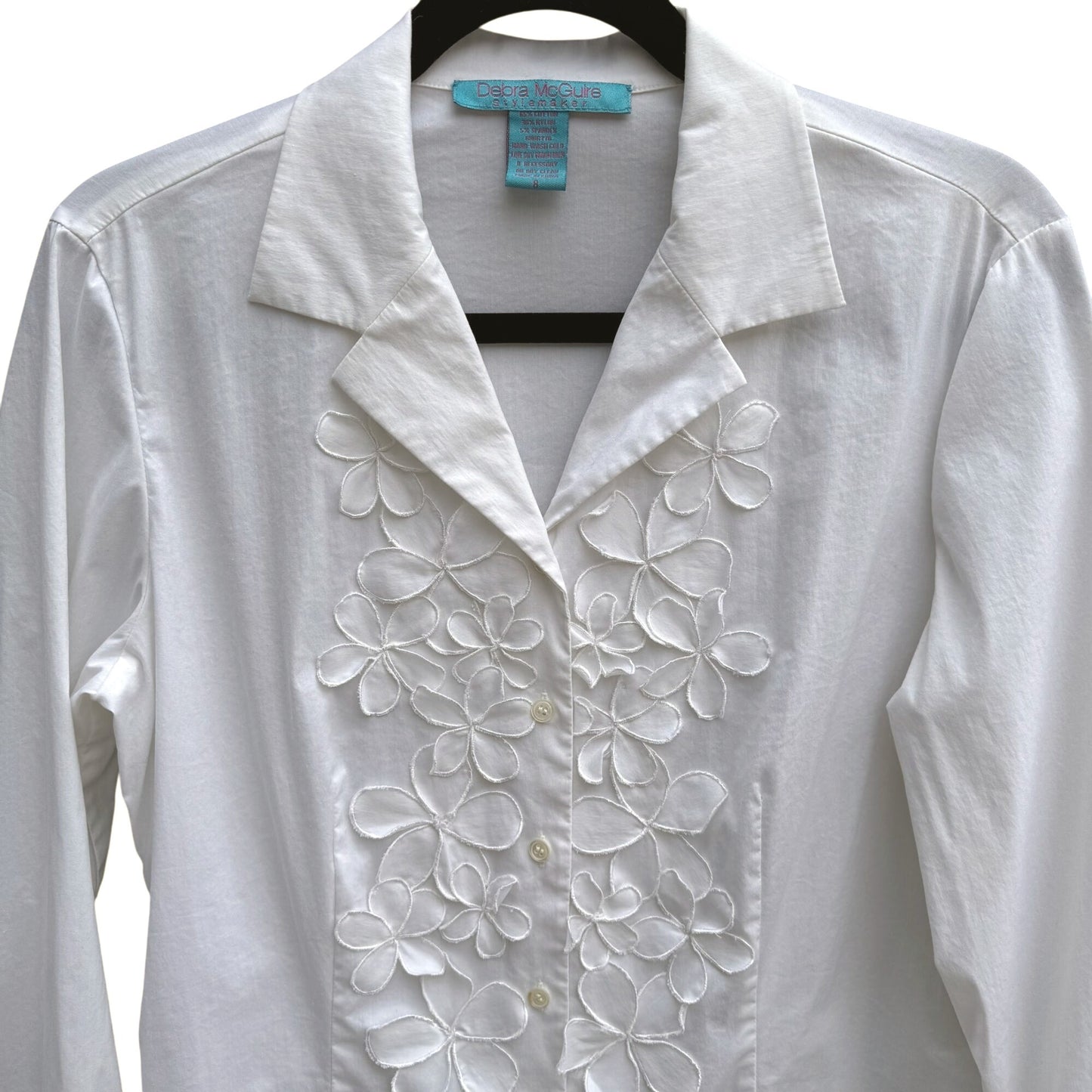 Debra McGuire Womens White Button-Up Floral Cut Out 3/4 Sleeves Shirt Blouse 8