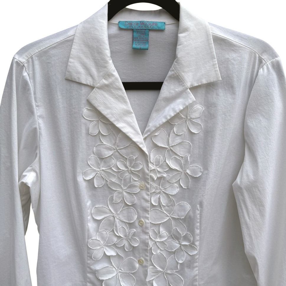 Debra McGuire Womens White Button-Up Floral Cut Out 3/4 Sleeves Shirt Blouse 8