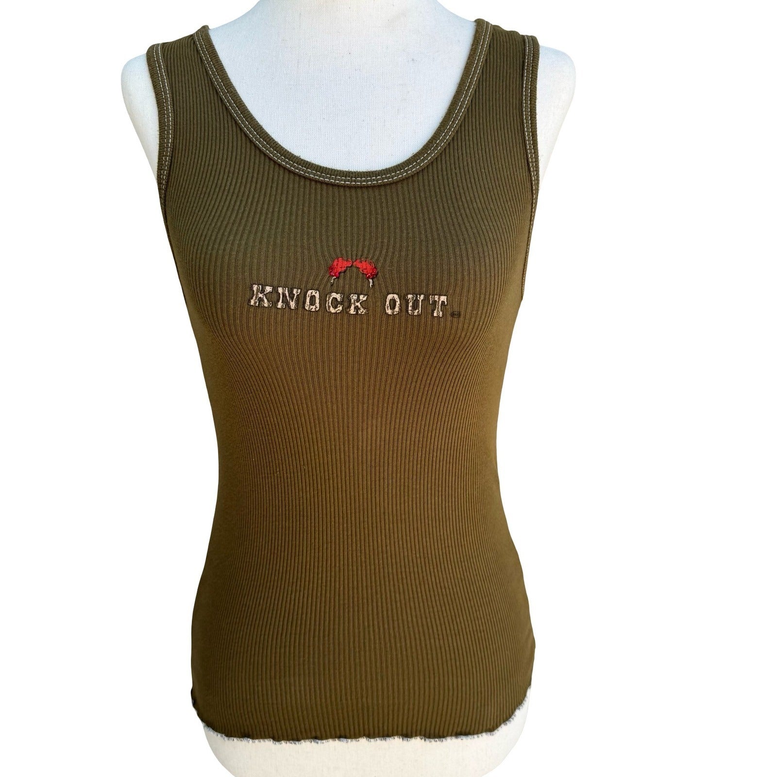 Major Damage Y2K Grunge Knock Out Graphic Tank Top Green Rhinestone Womens M