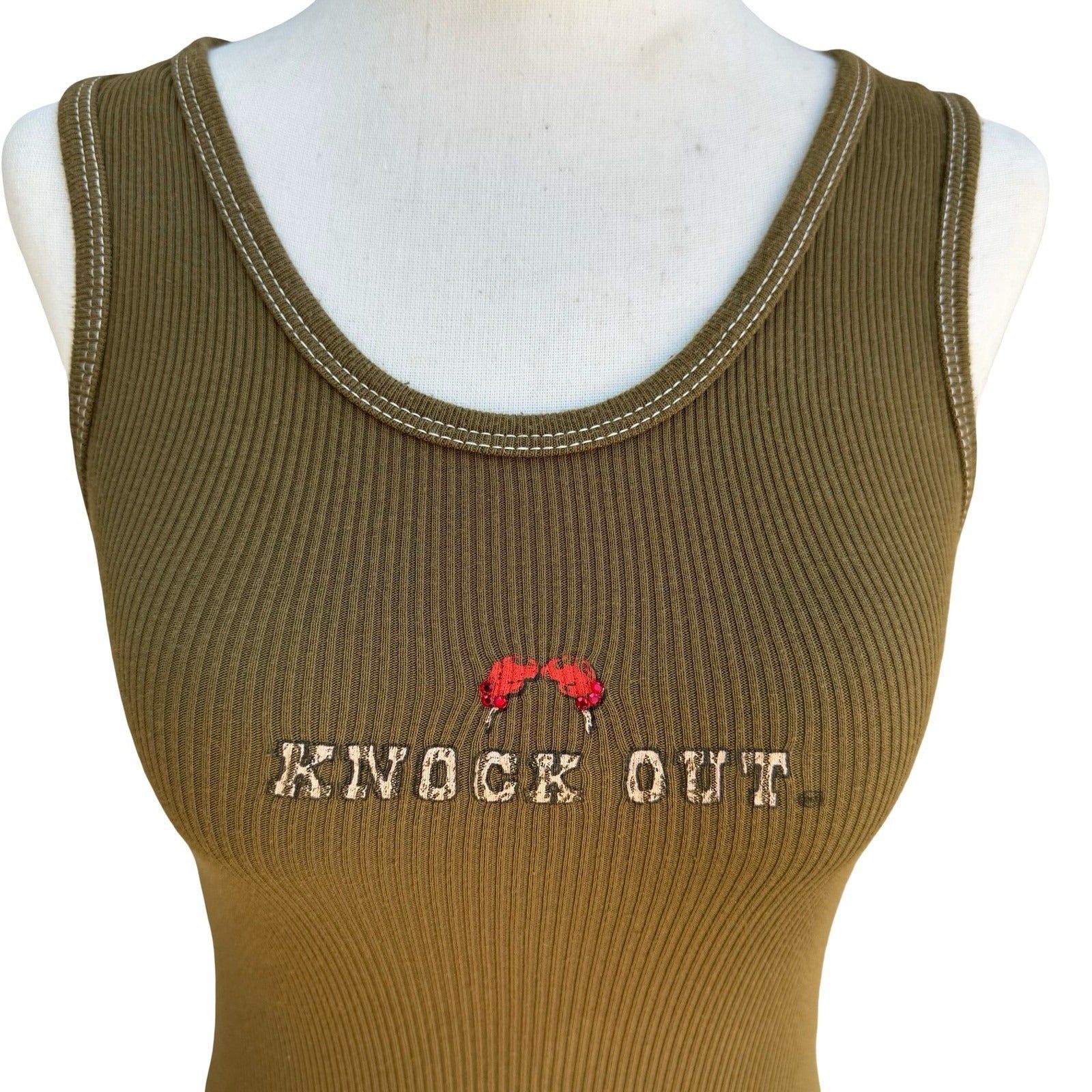 Major Damage Y2K Grunge Knock Out Graphic Tank Top Green Rhinestone Womens M