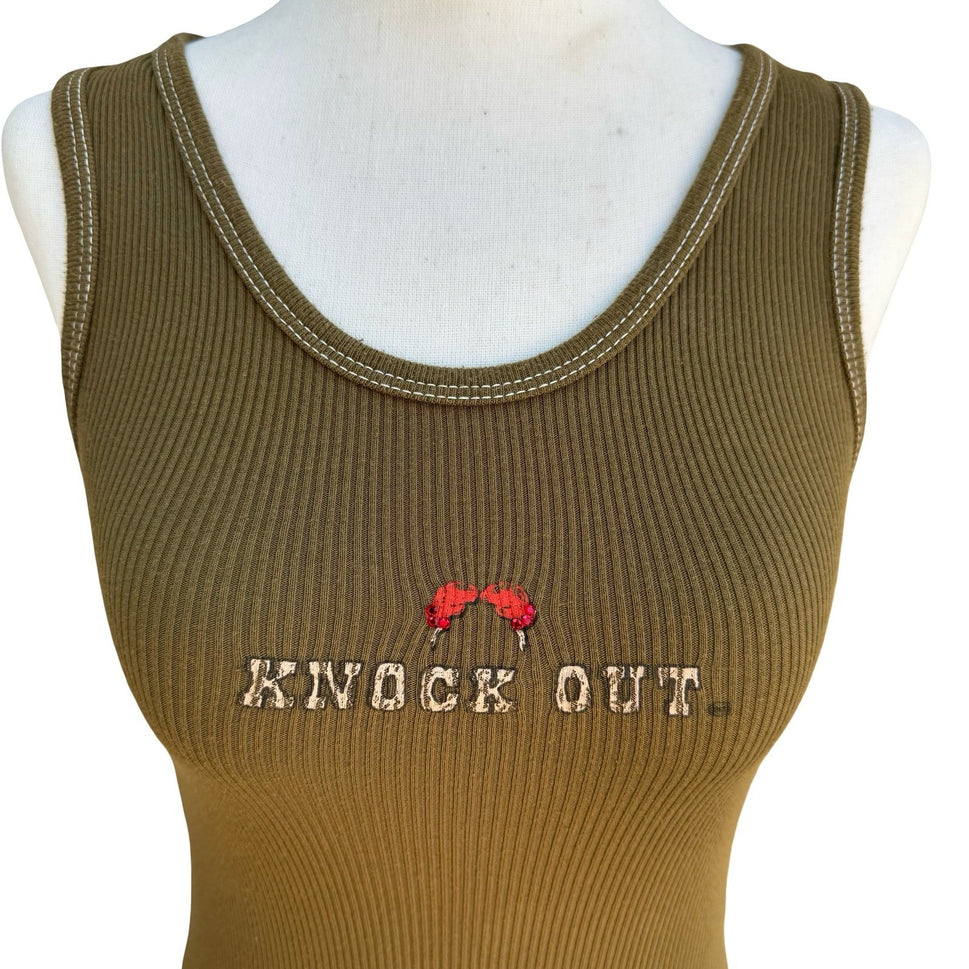 Major Damage Y2K Grunge Knock Out Graphic Tank Top Green Rhinestone Womens M