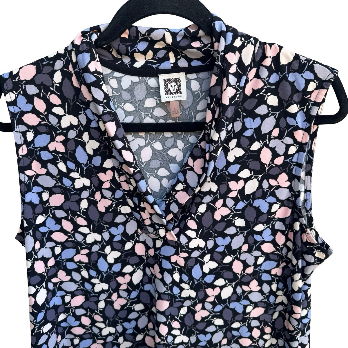 Anne Klein Careerwear Layering Floral Leaf Cowl Neck Sleeveless Blouse Navy L