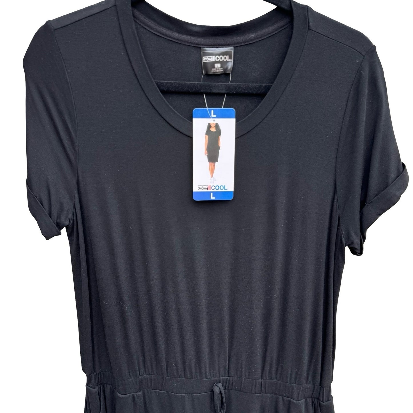 32 Degrees Cool Womens Black Short Sleeve Drawstring Pocket T-Shirt Dress L NEW