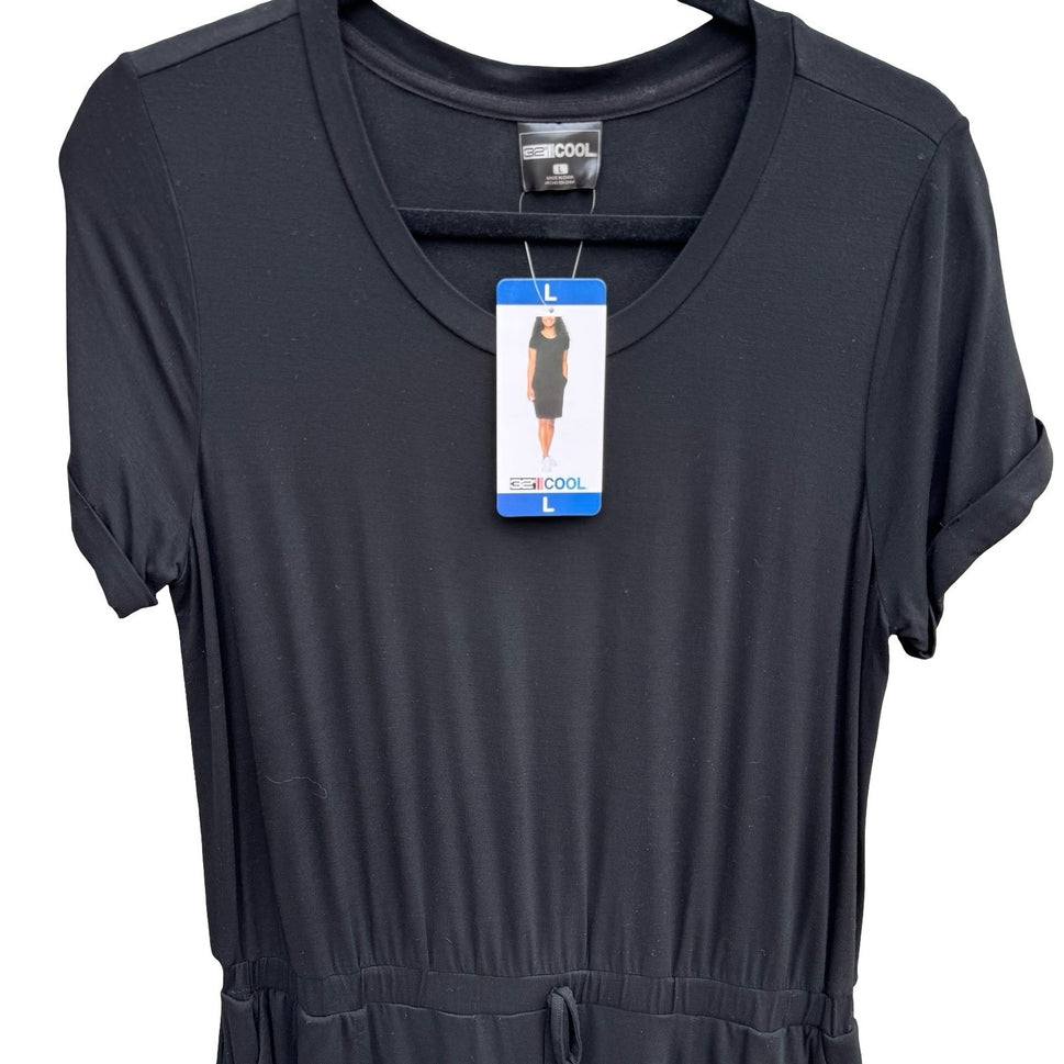 32 Degrees Cool Womens Black Short Sleeve Drawstring Pocket T-Shirt Dress L NEW