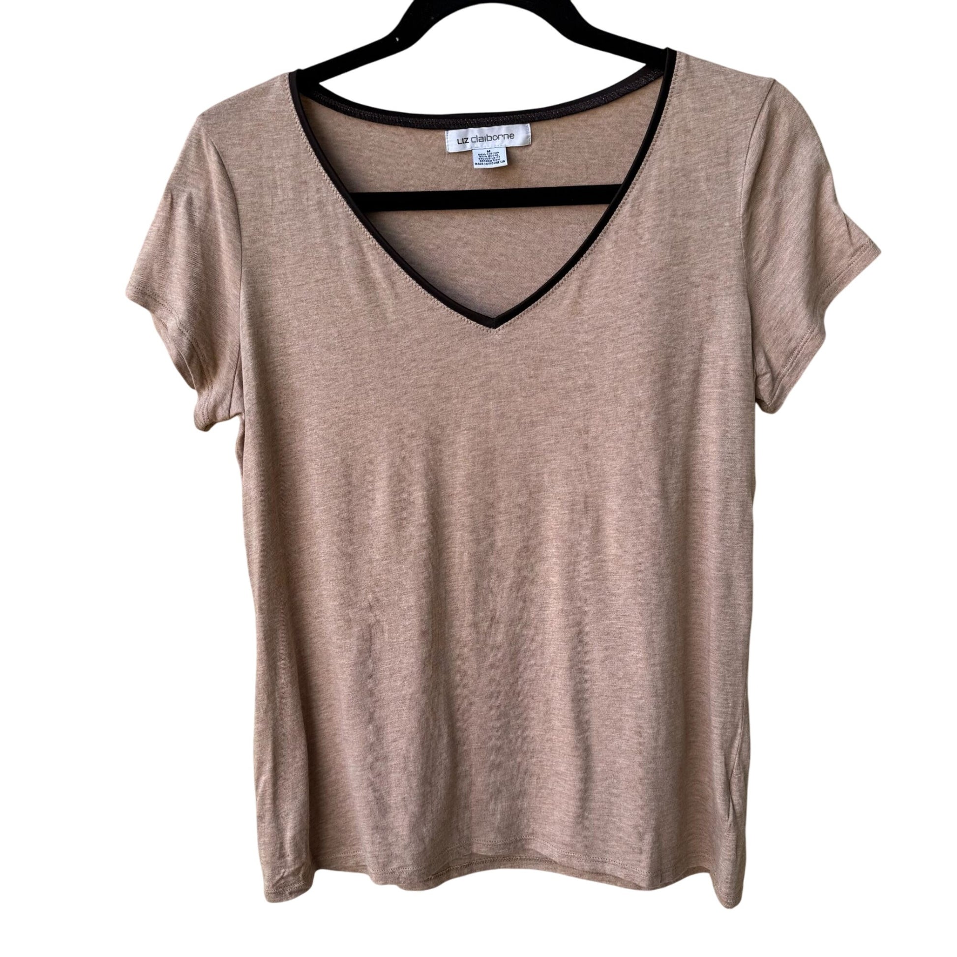 Liz Claiborne Vintage Y2K Womens Brown Tan V-Neck Babydoll Cap Sleeve Shirt M