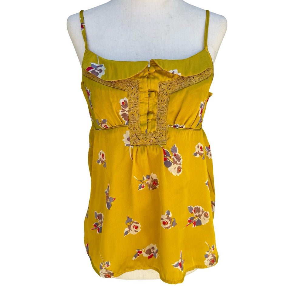 American Eagle Y2K Yellow Floral Lace Crochet Cami Top M Boho Smocked Romantic