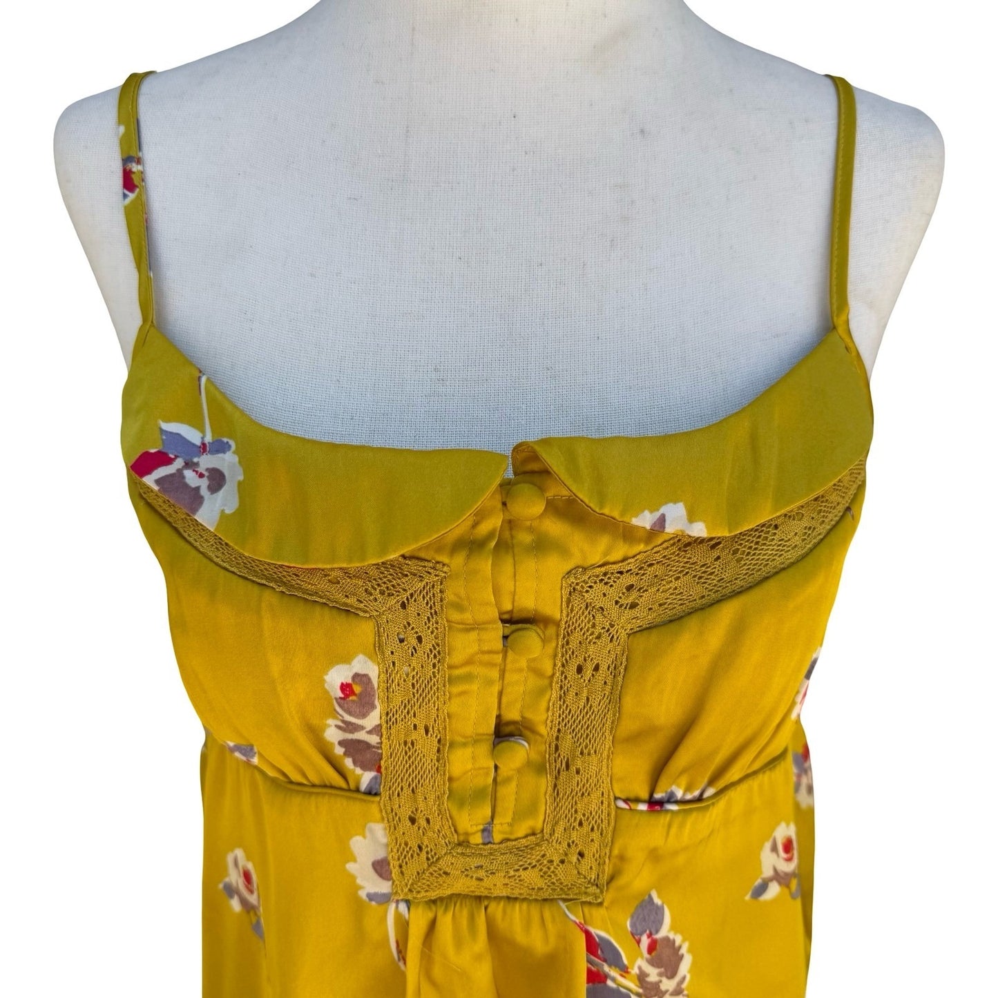 American Eagle Y2K Yellow Floral Lace Crochet Cami Top M Boho Smocked Romantic