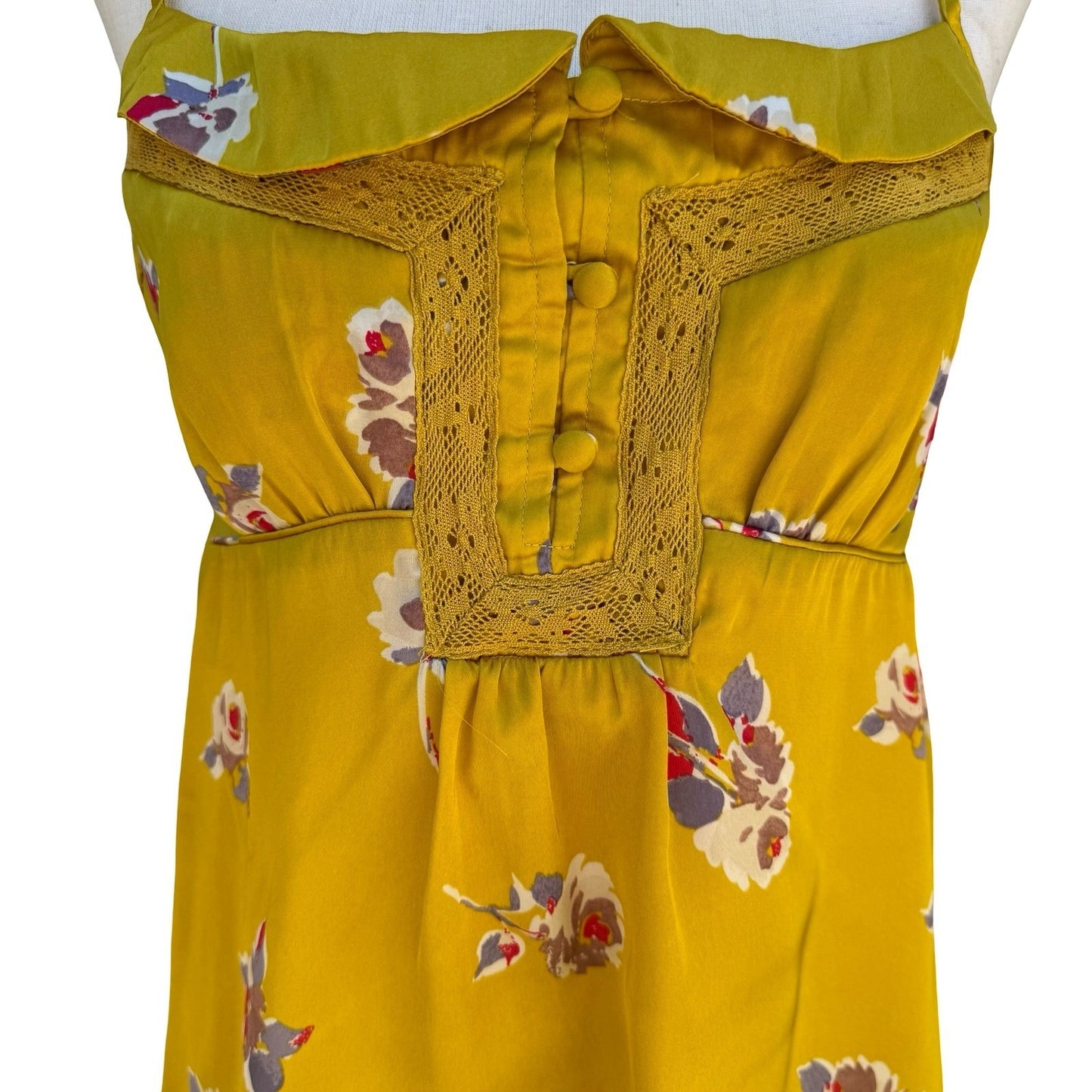 American Eagle Y2K Yellow Floral Lace Crochet Cami Top M Boho Smocked Romantic