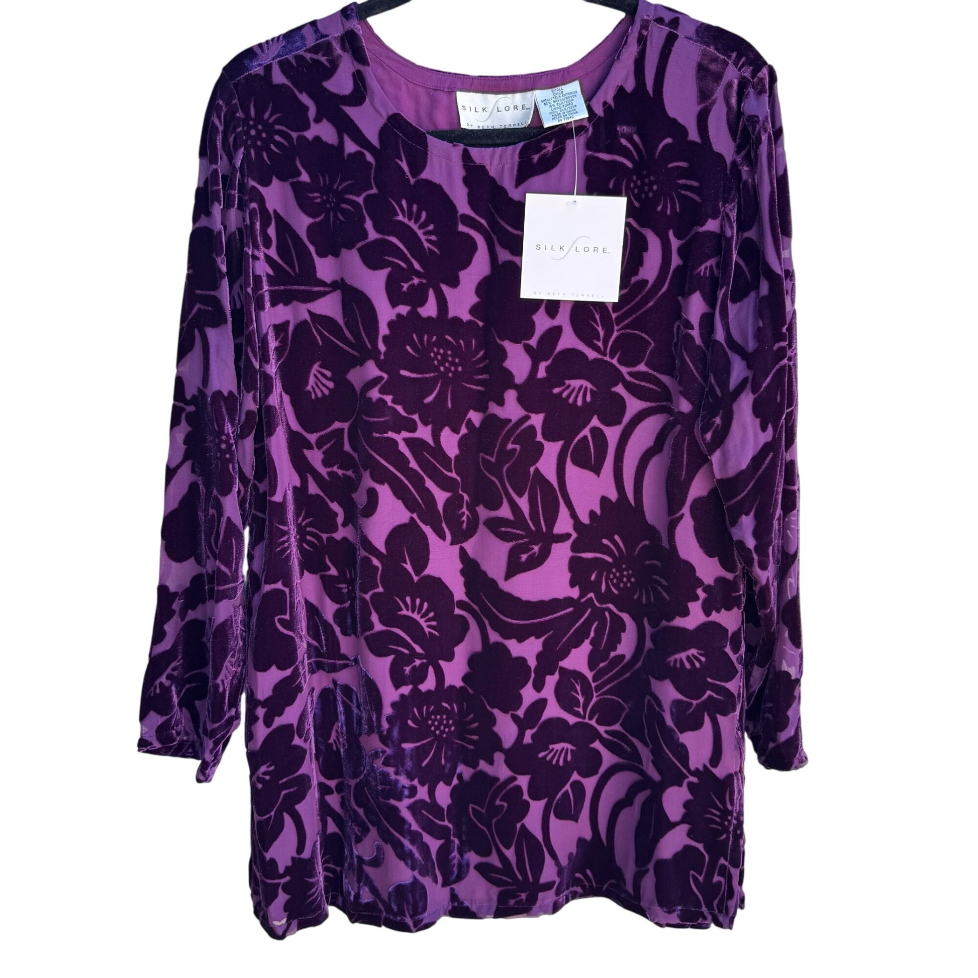 Silk Lore Velvet Burnout Floral Tunic Purple Long Sleeve Fairy Grunge Top New S