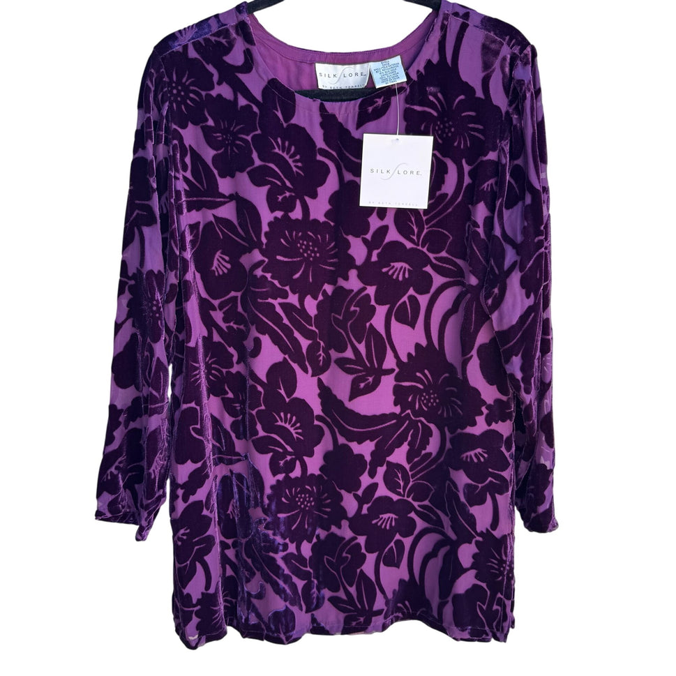 Silk Lore Velvet Burnout Floral Tunic Purple Long Sleeve Fairy Grunge Top New S