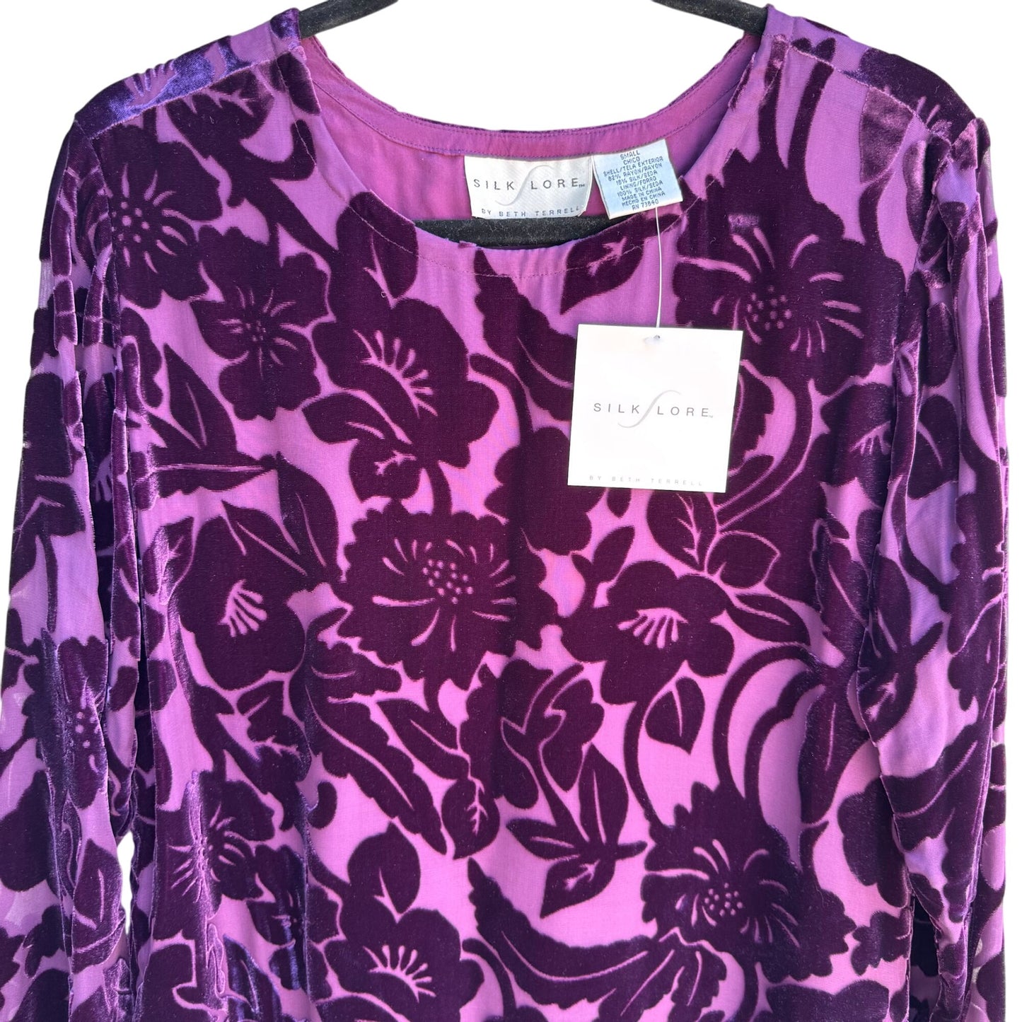 Silk Lore Velvet Burnout Floral Tunic Purple Long Sleeve Fairy Grunge Top New S