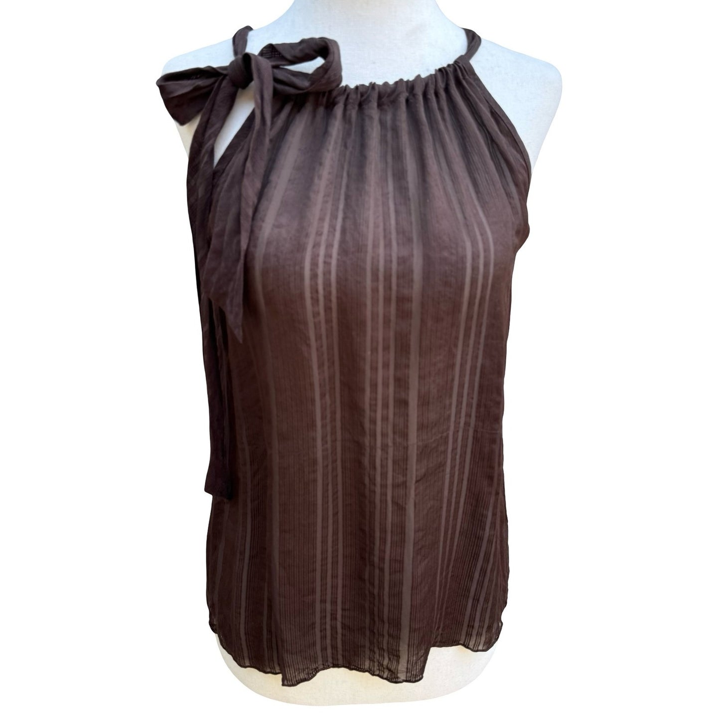 Trina Turk Coquette Sheer Minimalist Shadow Stripe Halter Blouse Bow Tie Brown