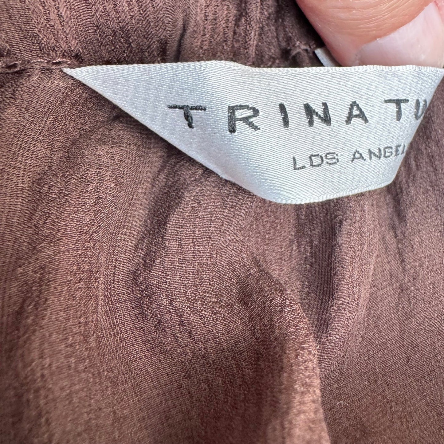 Trina Turk Coquette Sheer Minimalist Shadow Stripe Halter Blouse Bow Tie Brown