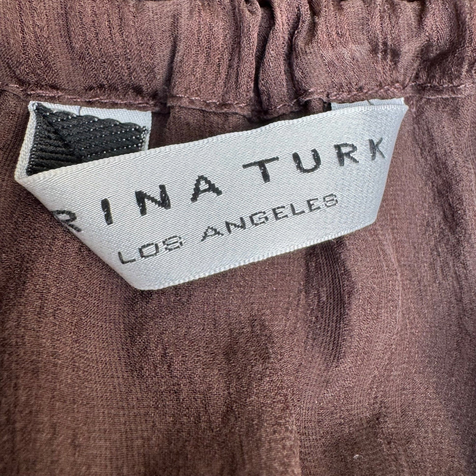 Trina Turk Coquette Sheer Minimalist Shadow Stripe Halter Blouse Bow Tie Brown