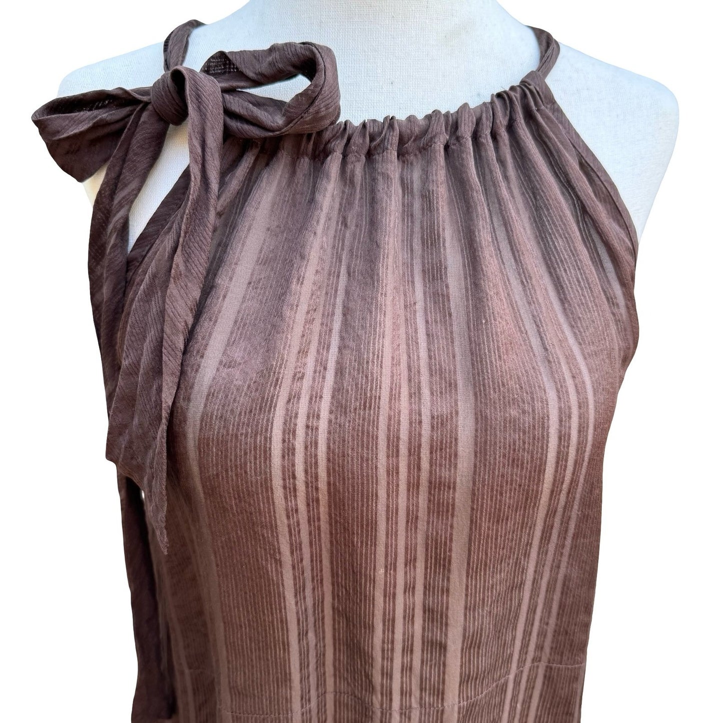 Trina Turk Coquette Sheer Minimalist Shadow Stripe Halter Blouse Bow Tie Brown