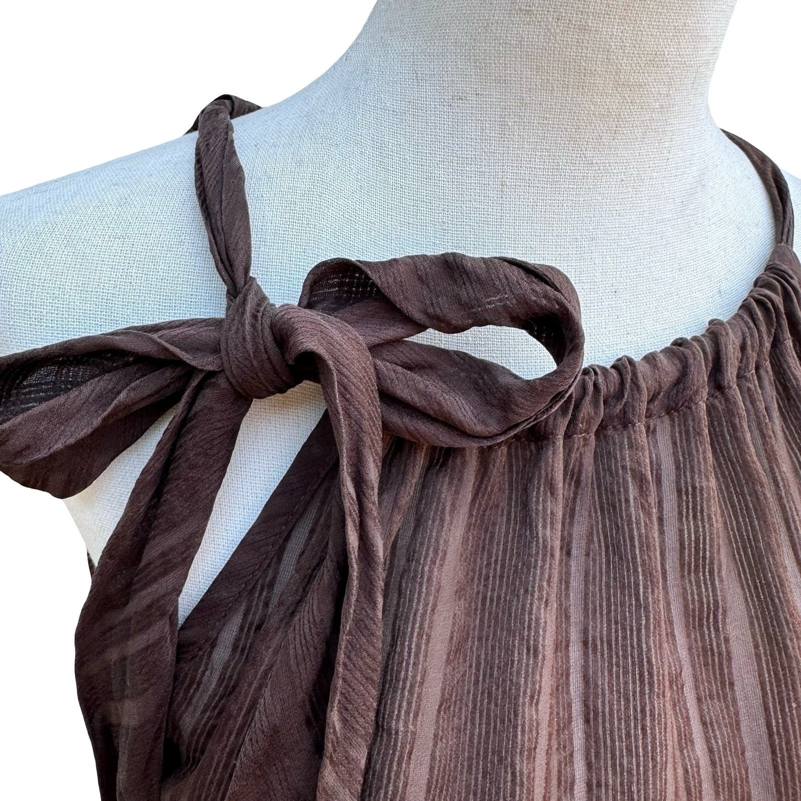 Trina Turk Coquette Sheer Minimalist Shadow Stripe Halter Blouse Bow Tie Brown