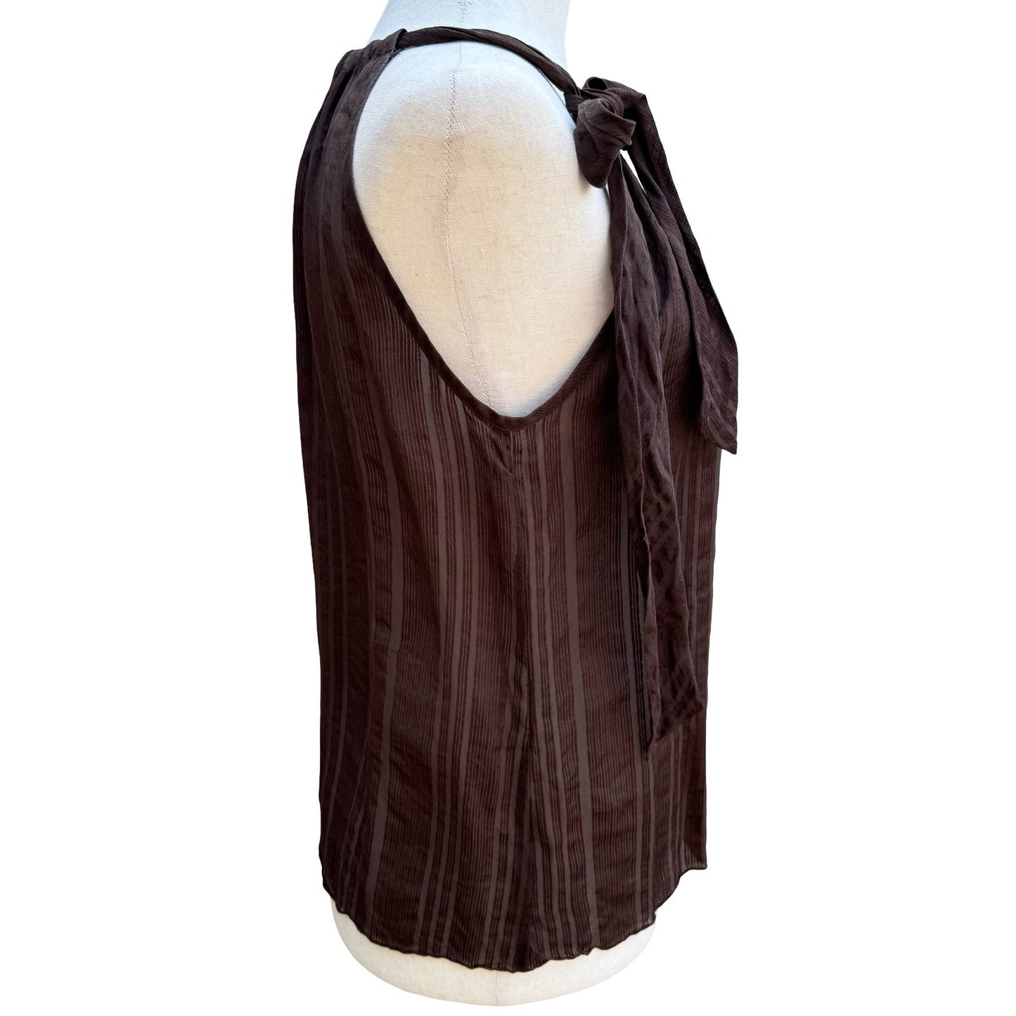 Trina Turk Coquette Sheer Minimalist Shadow Stripe Halter Blouse Bow Tie Brown