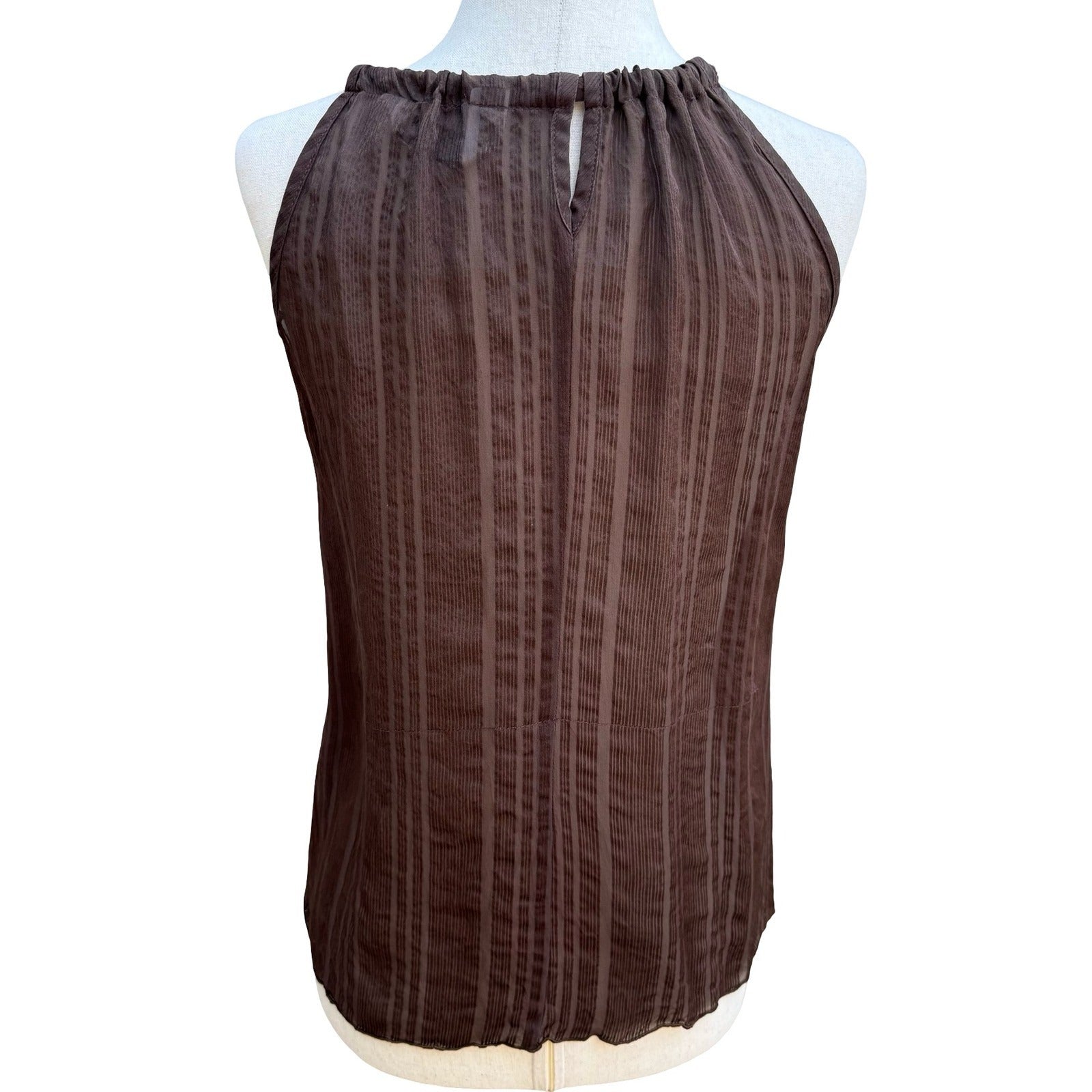 Trina Turk Coquette Sheer Minimalist Shadow Stripe Halter Blouse Bow Tie Brown