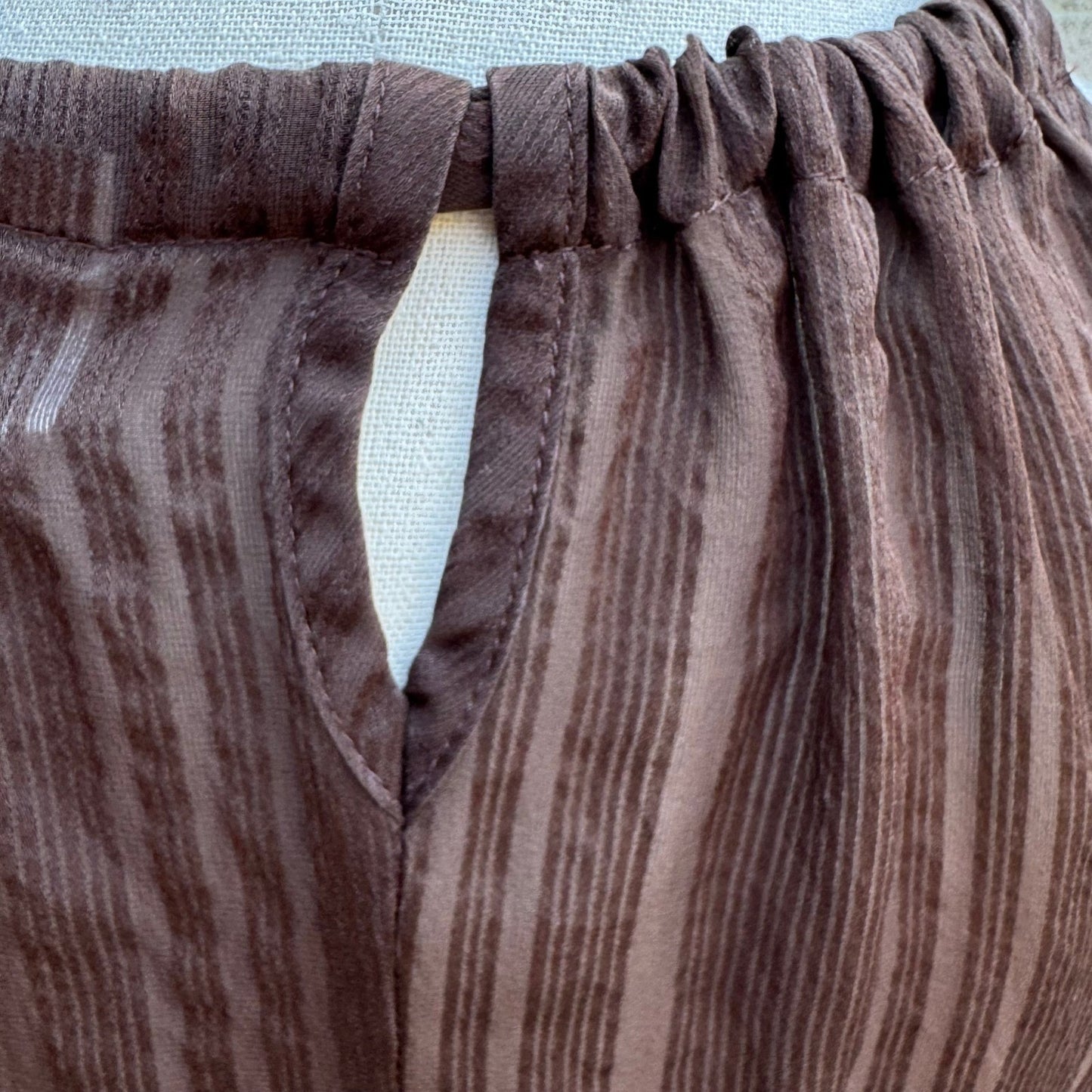 Trina Turk Coquette Sheer Minimalist Shadow Stripe Halter Blouse Bow Tie Brown