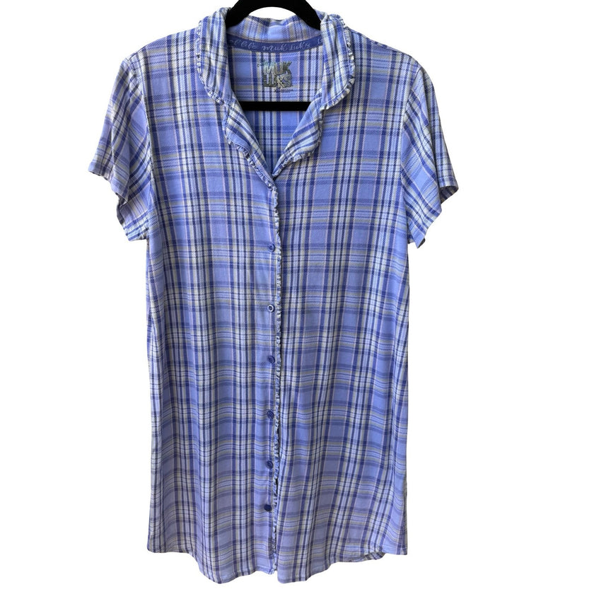 Muk Luks Purple Plaid Ruffle Trim Loungewear Pajama Sleep Shirt Nightgown XL