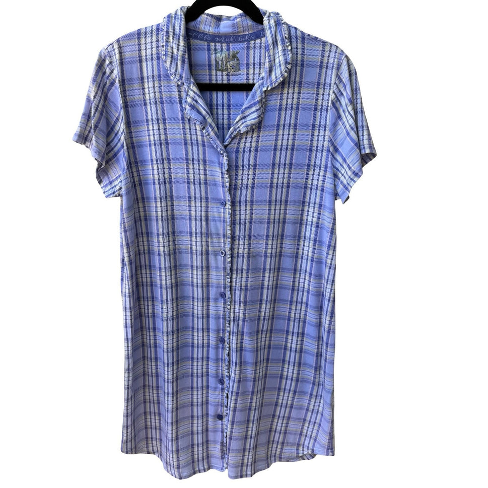 Muk Luks Purple Plaid Ruffle Trim Loungewear Pajama Sleep Shirt Nightgown XL
