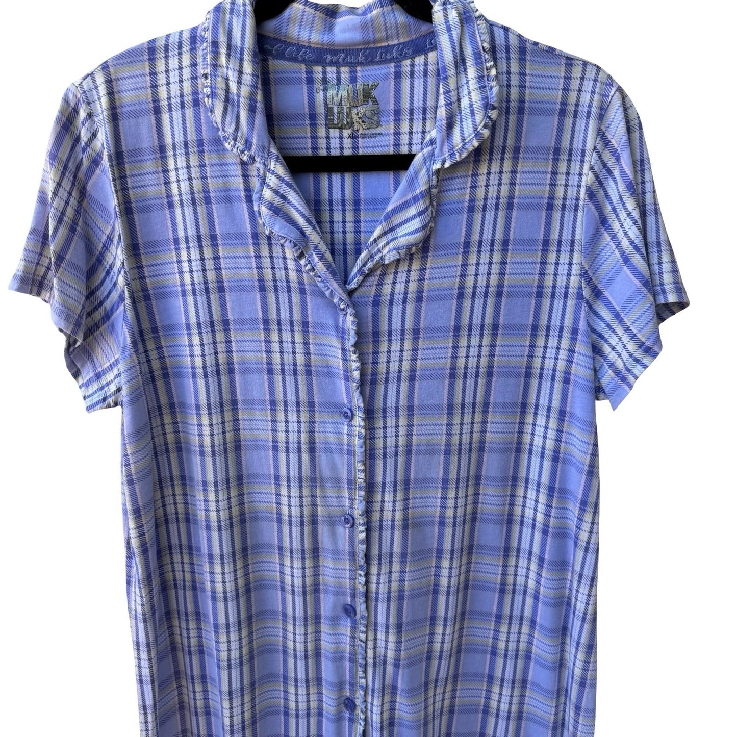 Muk Luks Purple Plaid Ruffle Trim Loungewear Pajama Sleep Shirt Nightgown XL