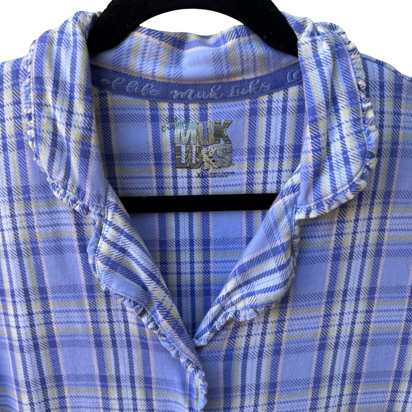 Muk Luks Purple Plaid Ruffle Trim Loungewear Pajama Sleep Shirt Nightgown XL