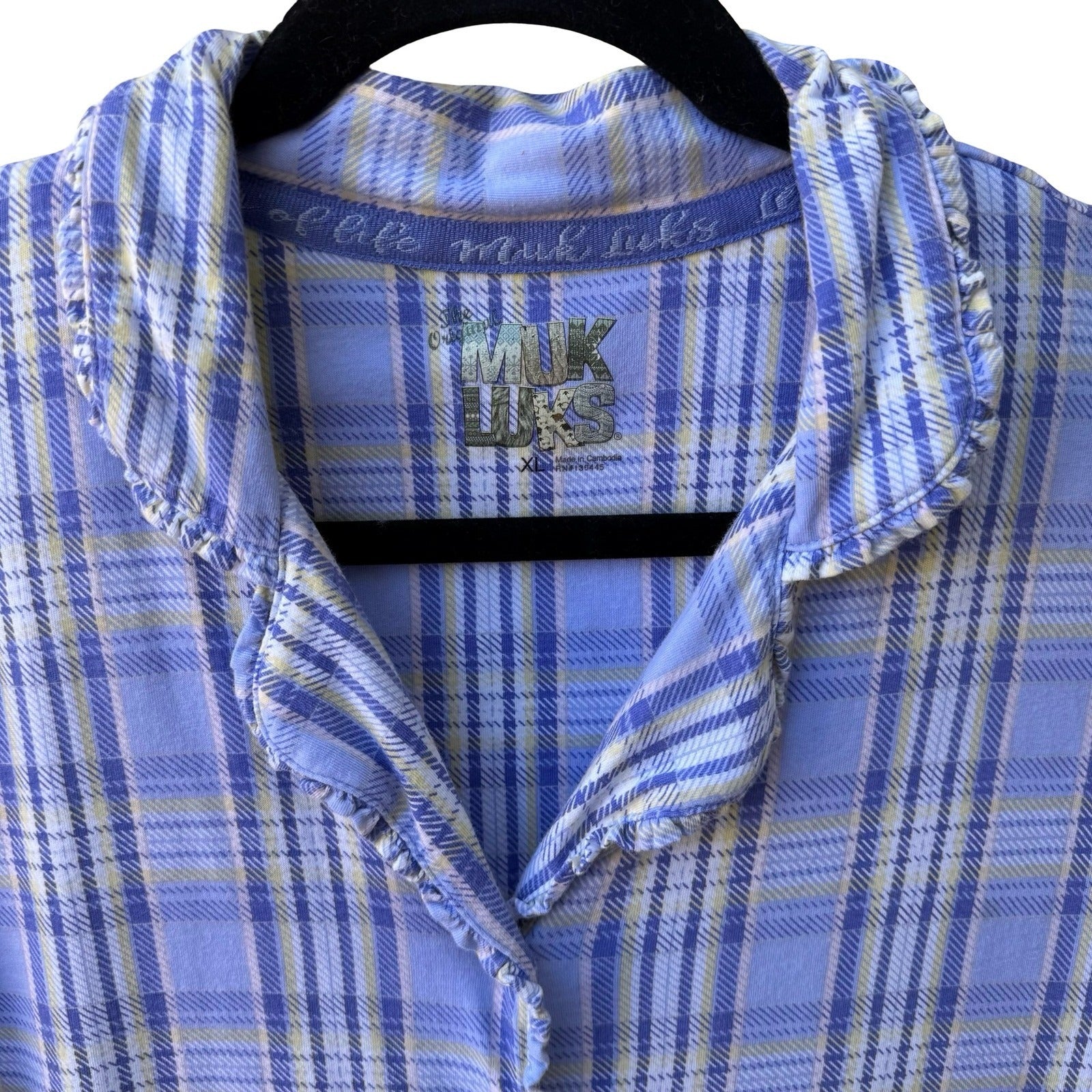 Muk Luks Purple Plaid Ruffle Trim Loungewear Pajama Sleep Shirt Nightgown XL