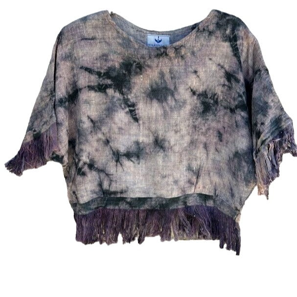 Skill Sparrow Vintage Heavy Linen Purple Batik Fringe Cropped Dolman Sleeve Top