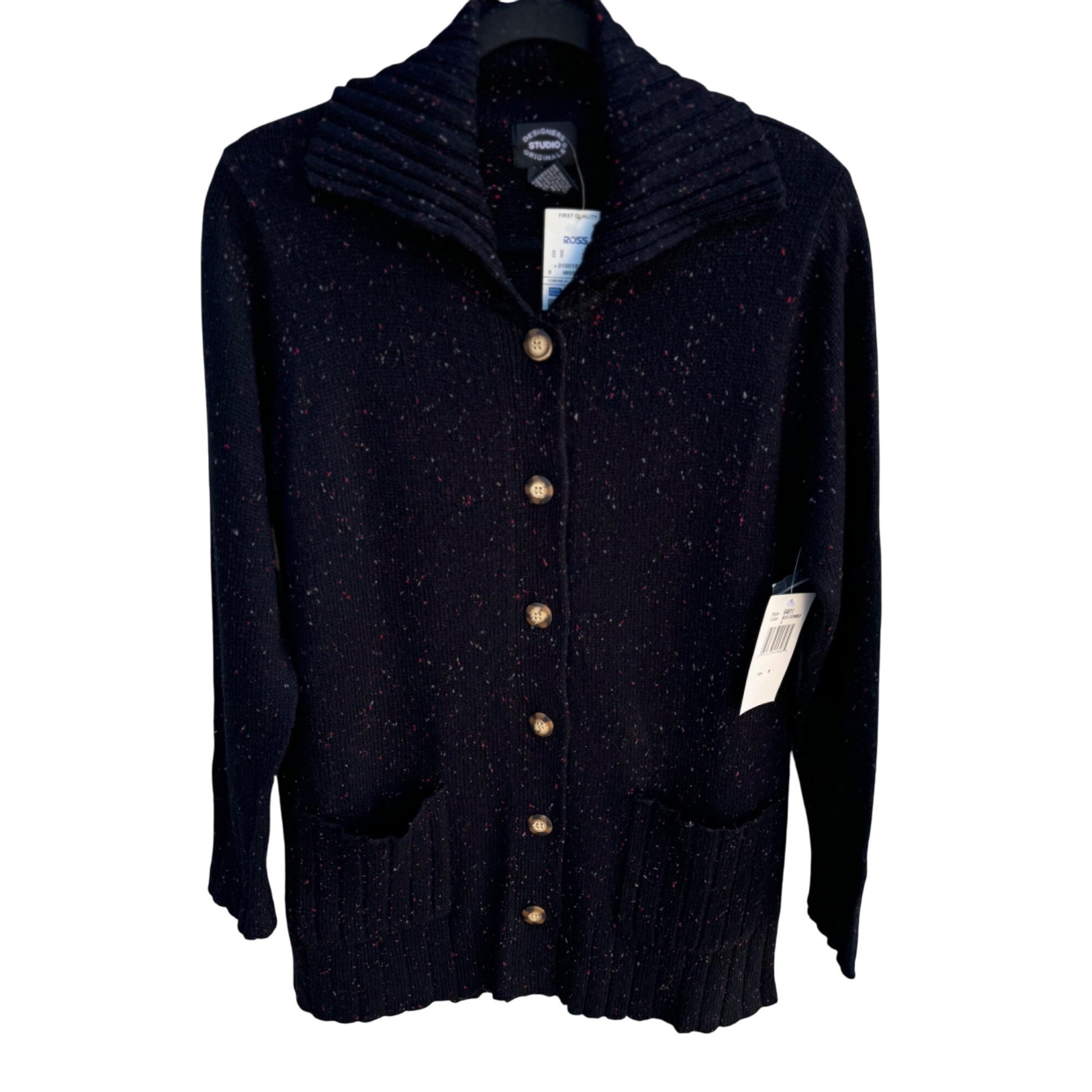 Designers Studio Originals Black Speckled Button-Up Shawl Collar Knit Cardigan New S