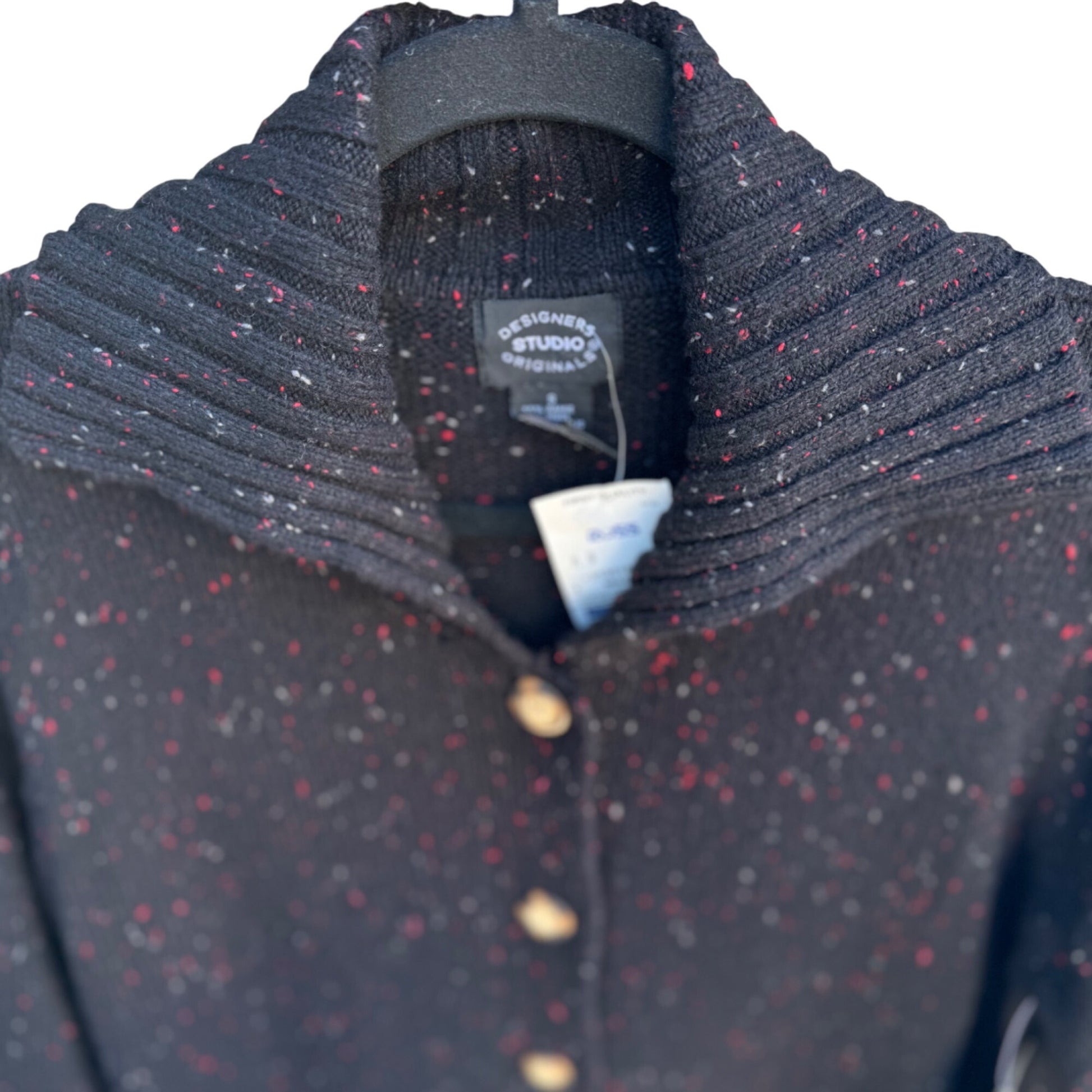 Designers Studio Originals Black Speckled Button-Up Shawl Collar Knit Cardigan New S