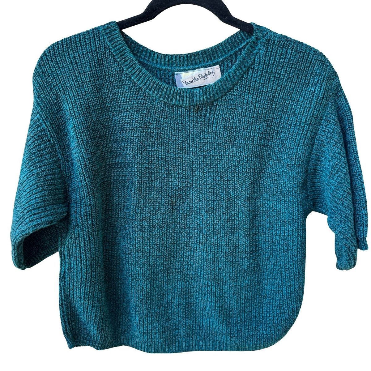 Diane Von Furstenberg Vintage 80s 90s Marled Knit Boxy Crop Sweater Teal Blue L