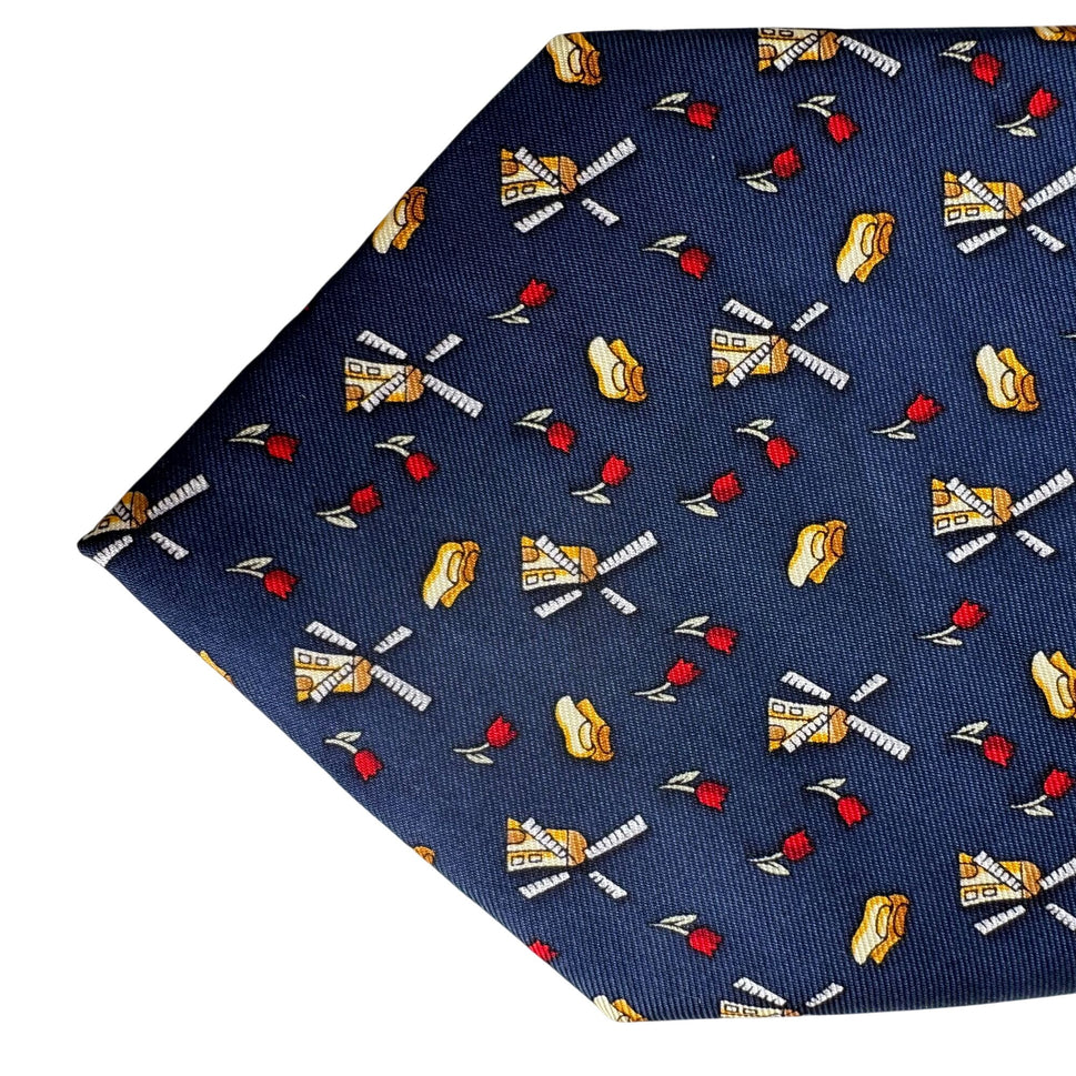 Kist Design Holland Mens Blue Silk Tie Windmill Tulip Wooden Clogs Motif Necktie