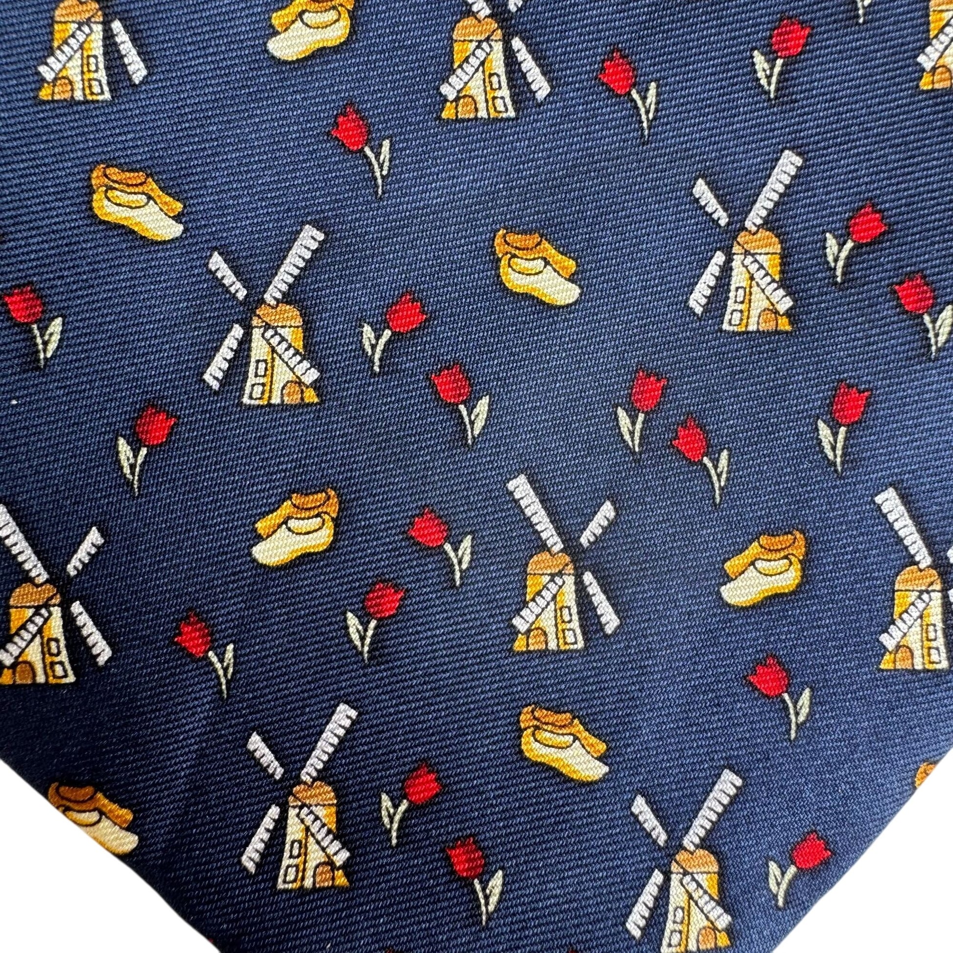 Kist Design Holland Mens Blue Silk Tie Windmill Tulip Wooden Clogs Motif Necktie