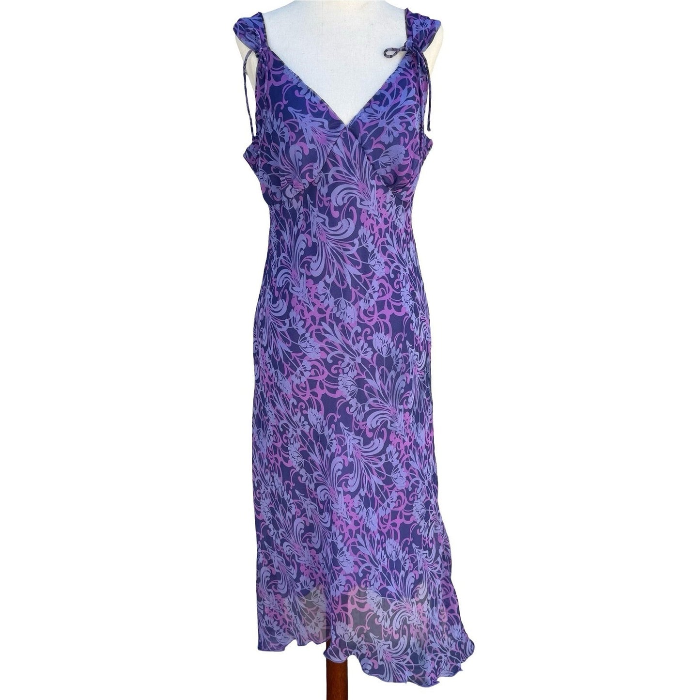 Believe Y2K Purple Floral Paisley Midi Dress Tie Shoulder Fairy 10 Whimsigoth