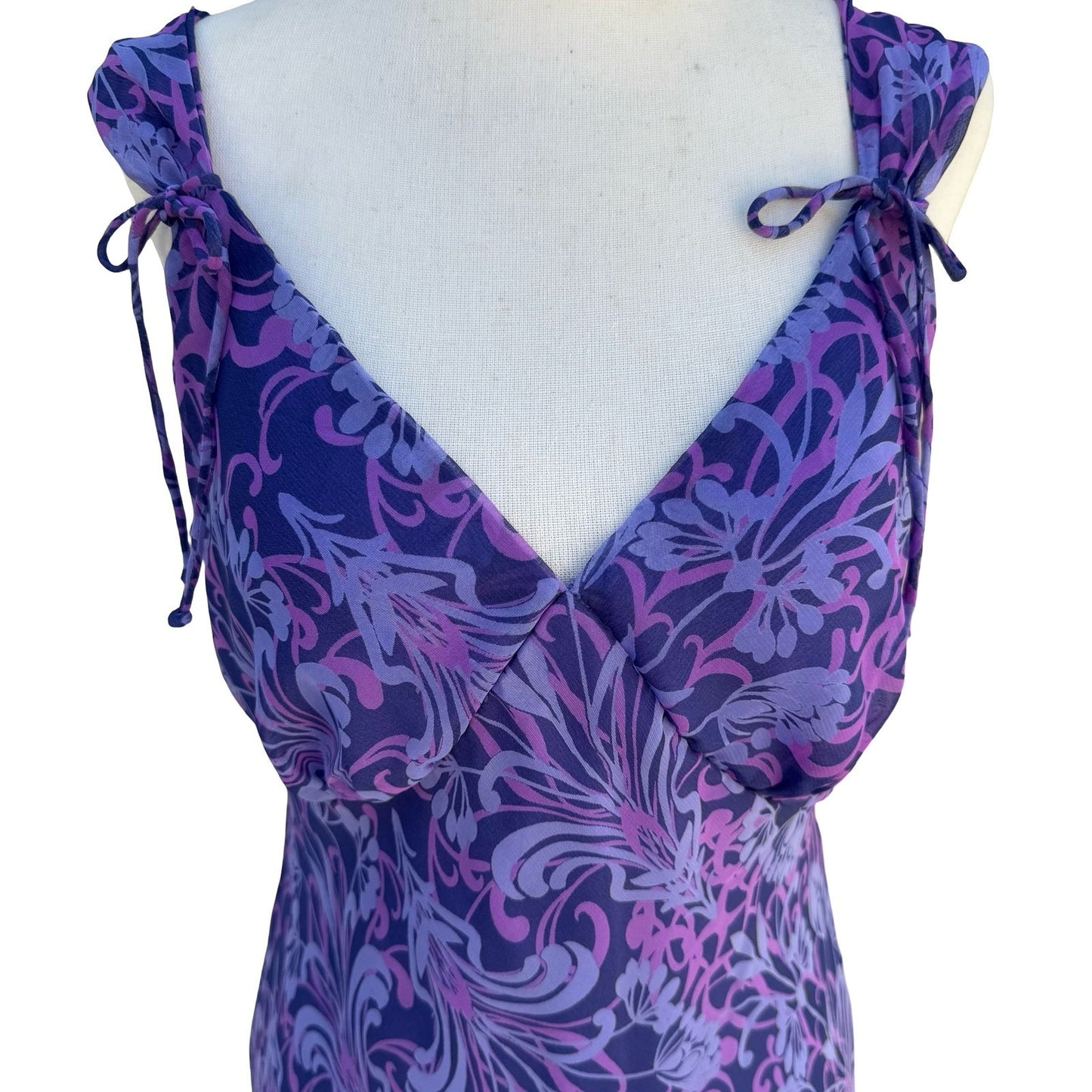 Believe Y2K Purple Floral Paisley Midi Dress Tie Shoulder Fairy 10 Whimsigoth