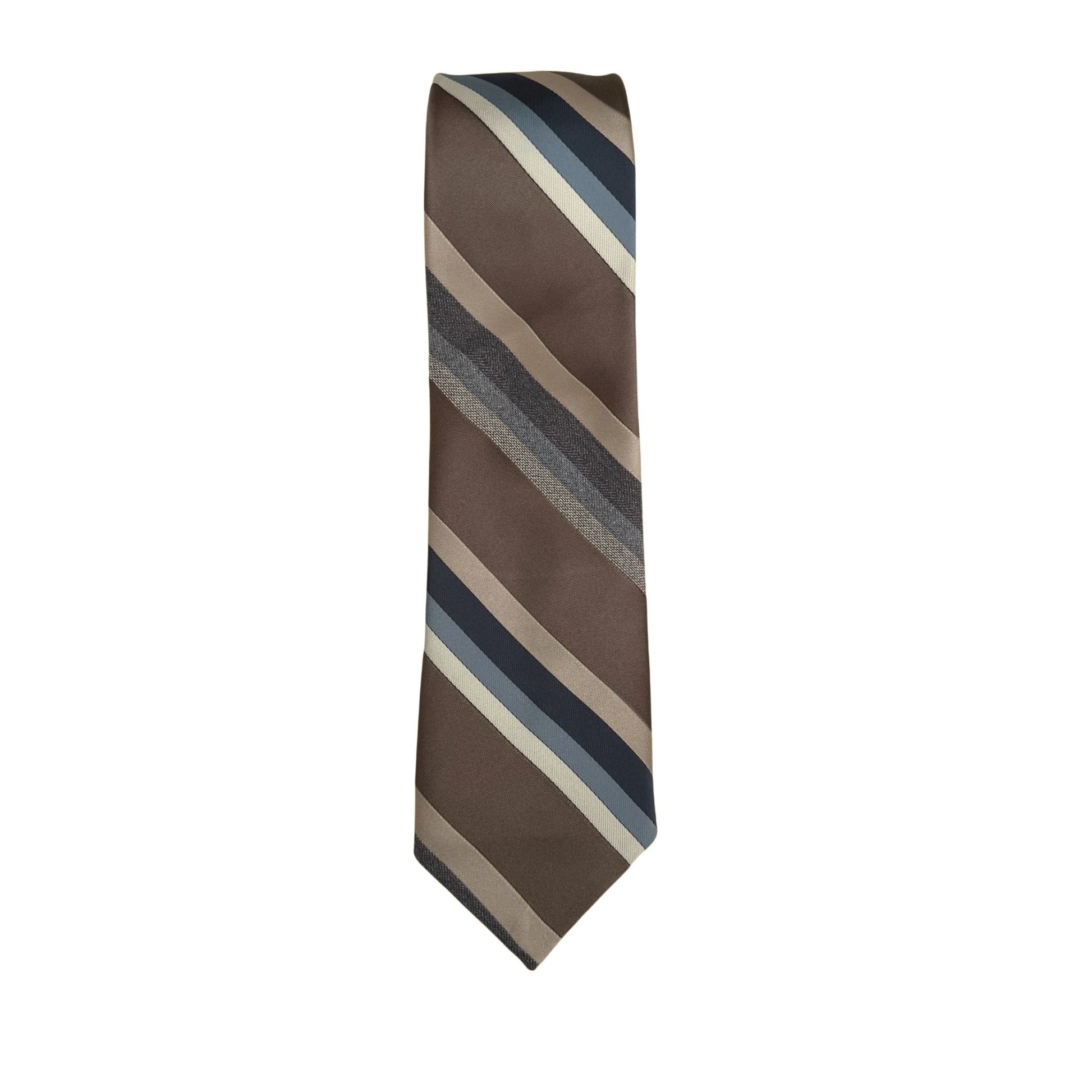 Lilly Dache Vintage Mens Brown Blue Striped Silk Polyester Retro Tie Necktie