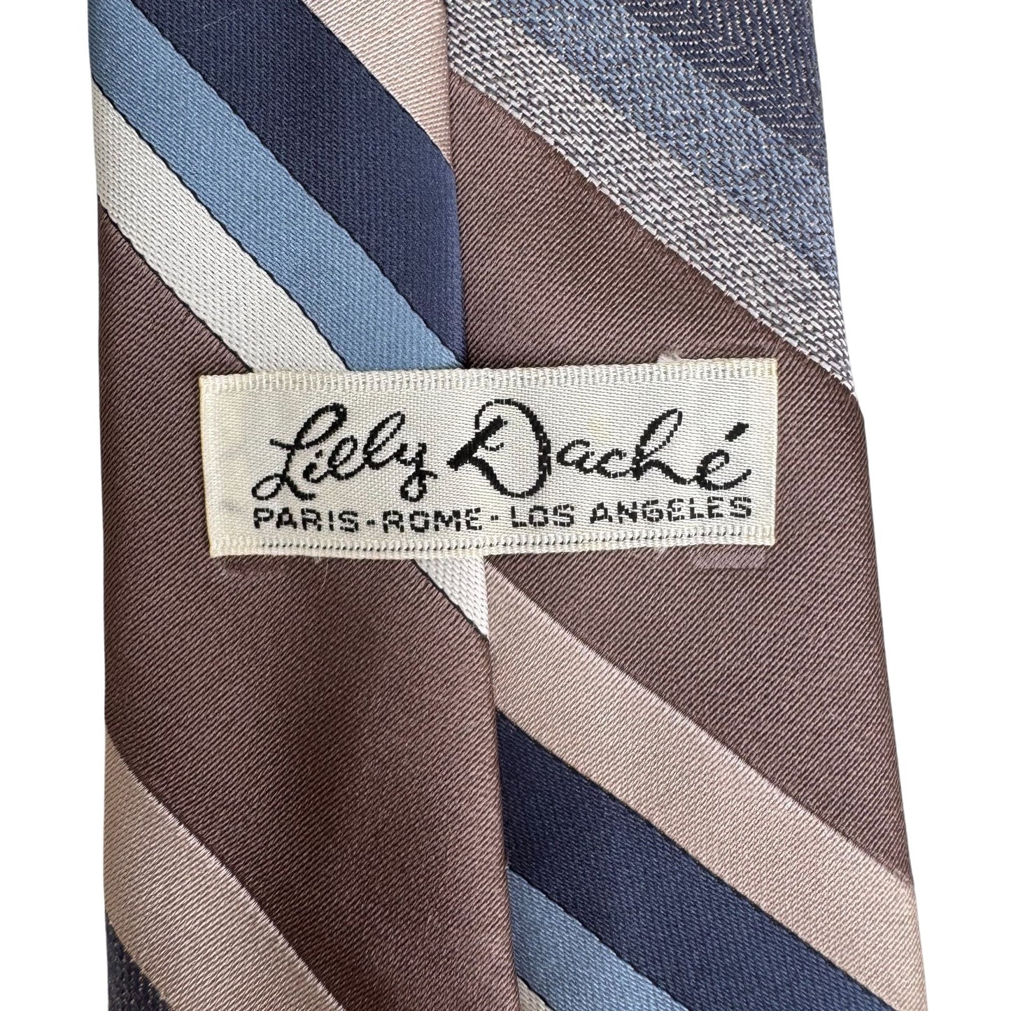 Lilly Dache Vintage Mens Brown Blue Striped Silk Polyester Retro Tie Necktie