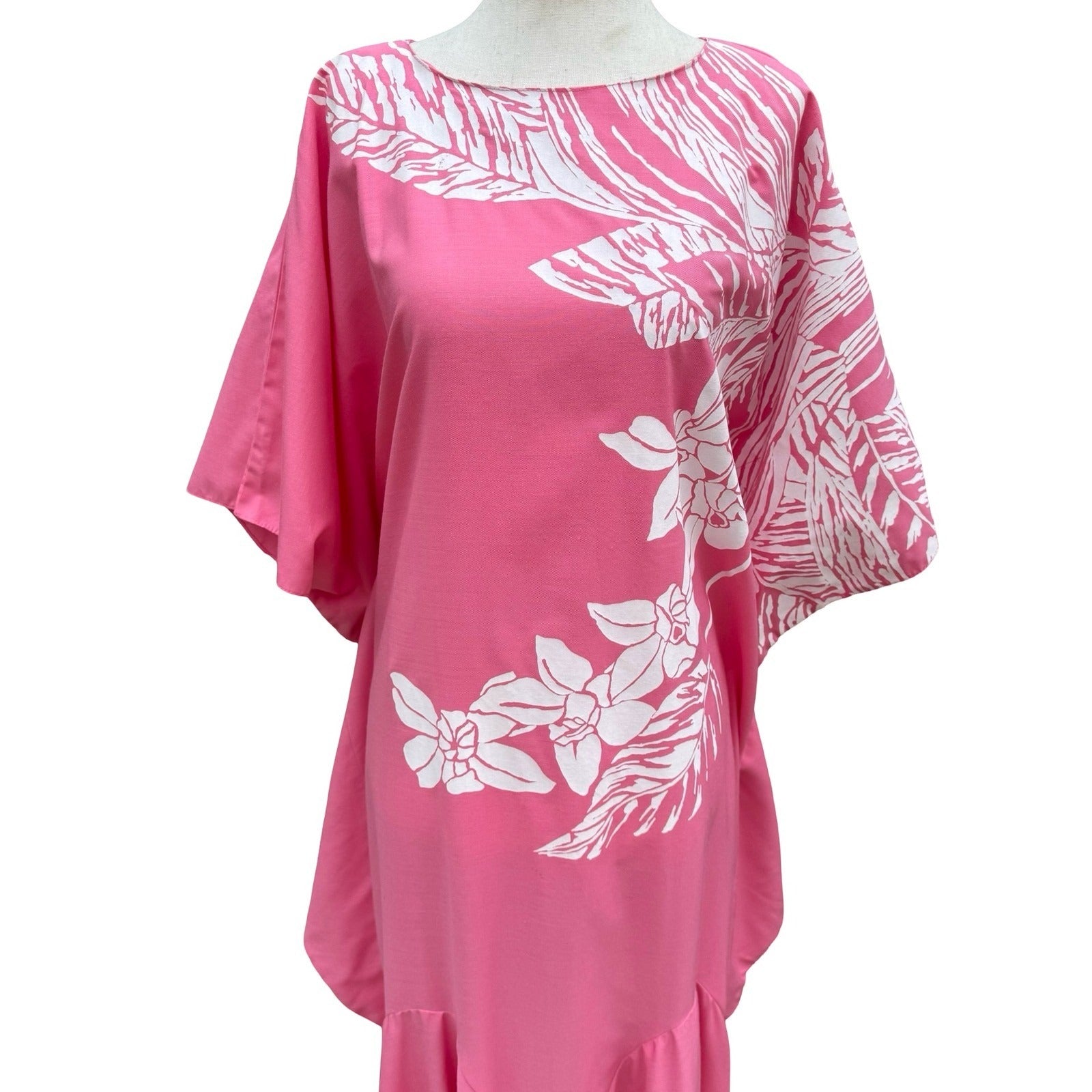 Hans Jutte Hawaii Vintage Pink Floral Kaftan Maxi Dress Batwing Sleeve Made USA