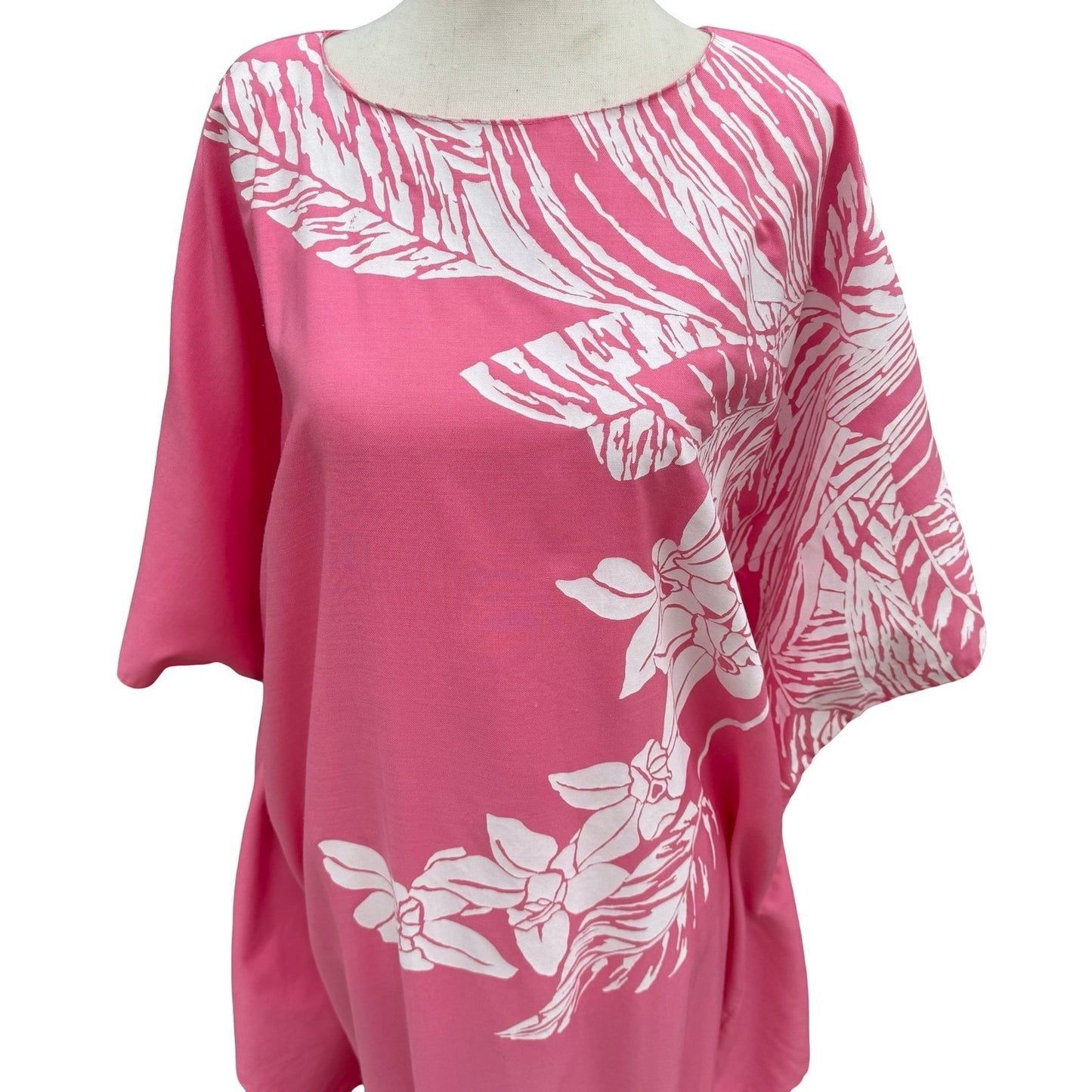 Hans Jutte Hawaii Vintage Pink Floral Kaftan Maxi Dress Batwing Sleeve Made USA