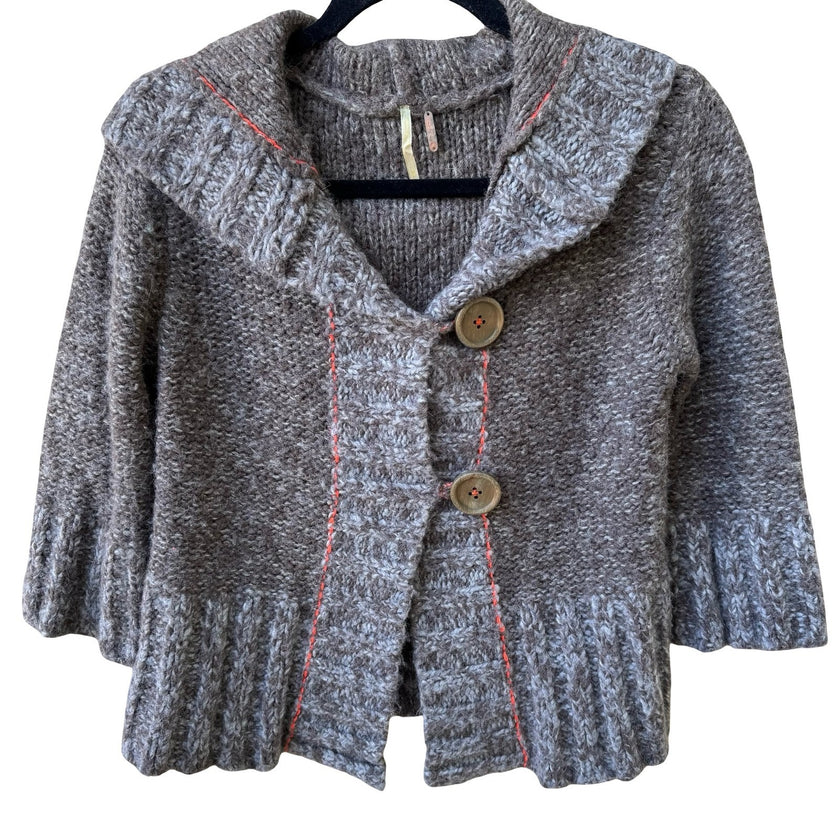 Free People Boho Whimsigoth Hooded Chunky Knit Contrast Stitch Cardigan Brown M