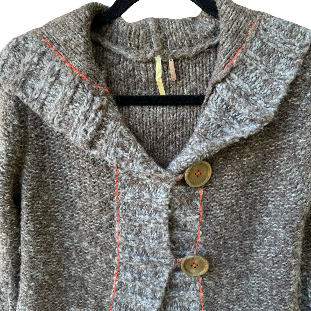 Free People Boho Whimsigoth Hooded Chunky Knit Contrast Stitch Cardigan Brown M